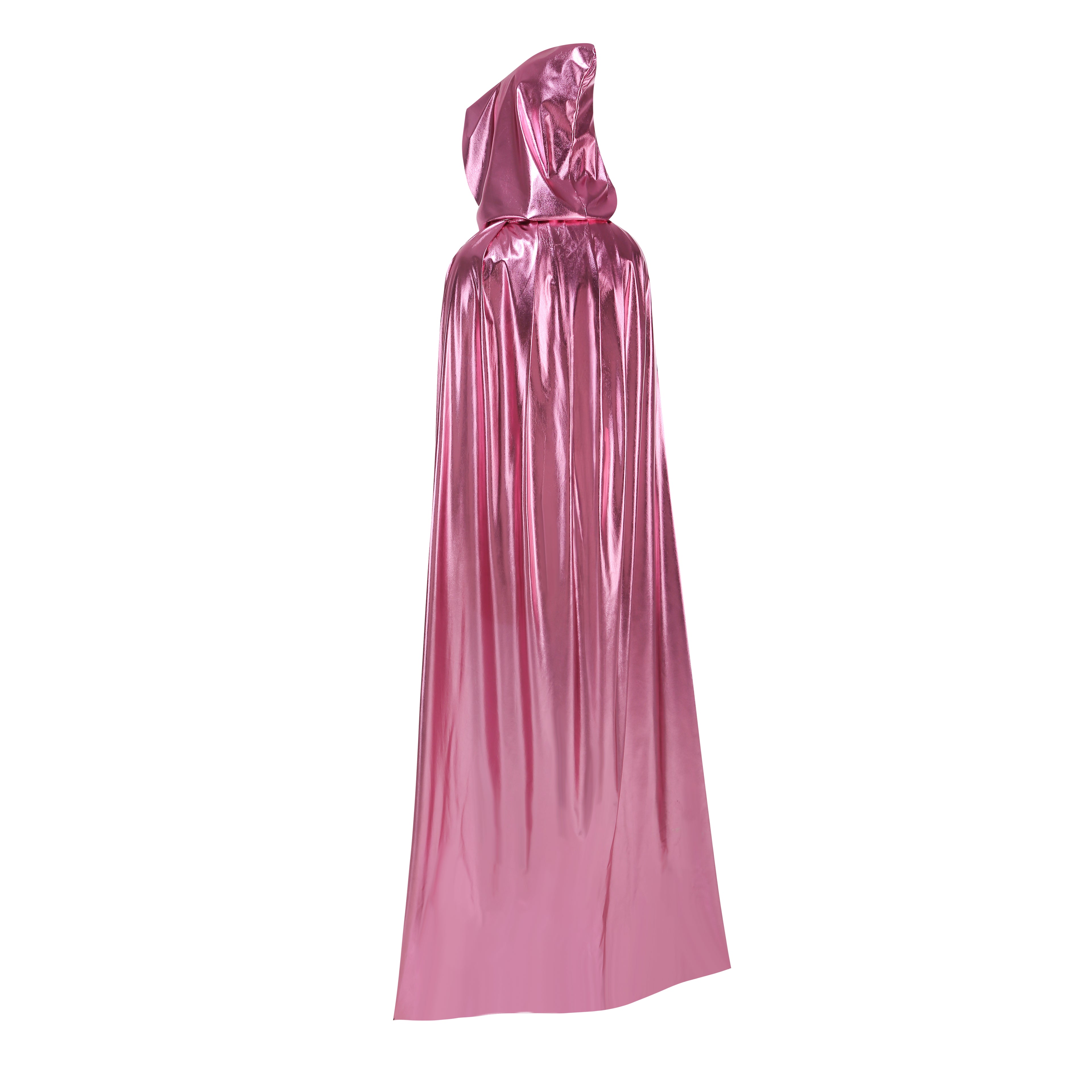 Custom Metallic Hooded Cape With Neck Tie‑Strap Pink 115CM 125CM 145CM 155CM Shiny Cosplay Cloak For Halloween Fantasy Theme Party