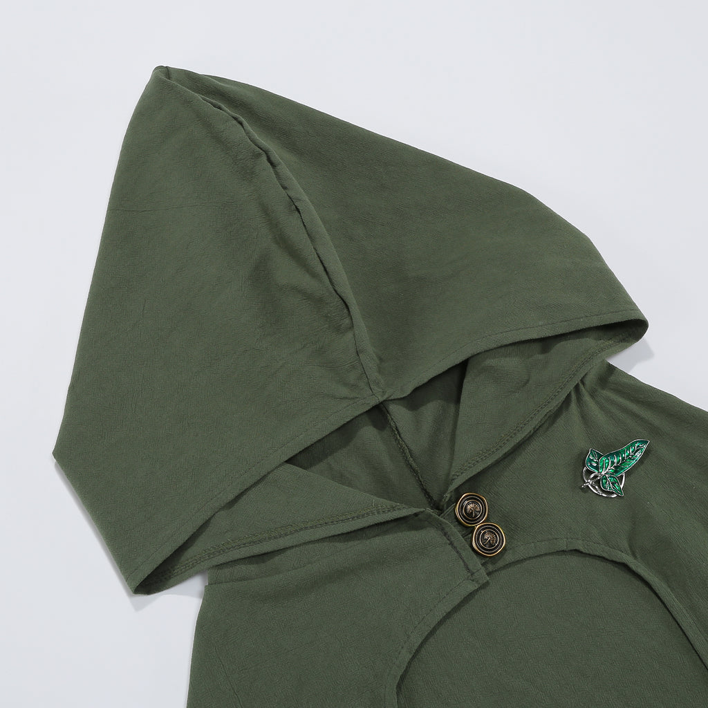 Adult Medieval Hooded Cloak Green Renaissance Cape with Leaf Brooch Knight Hunter Elf Halloween Costume