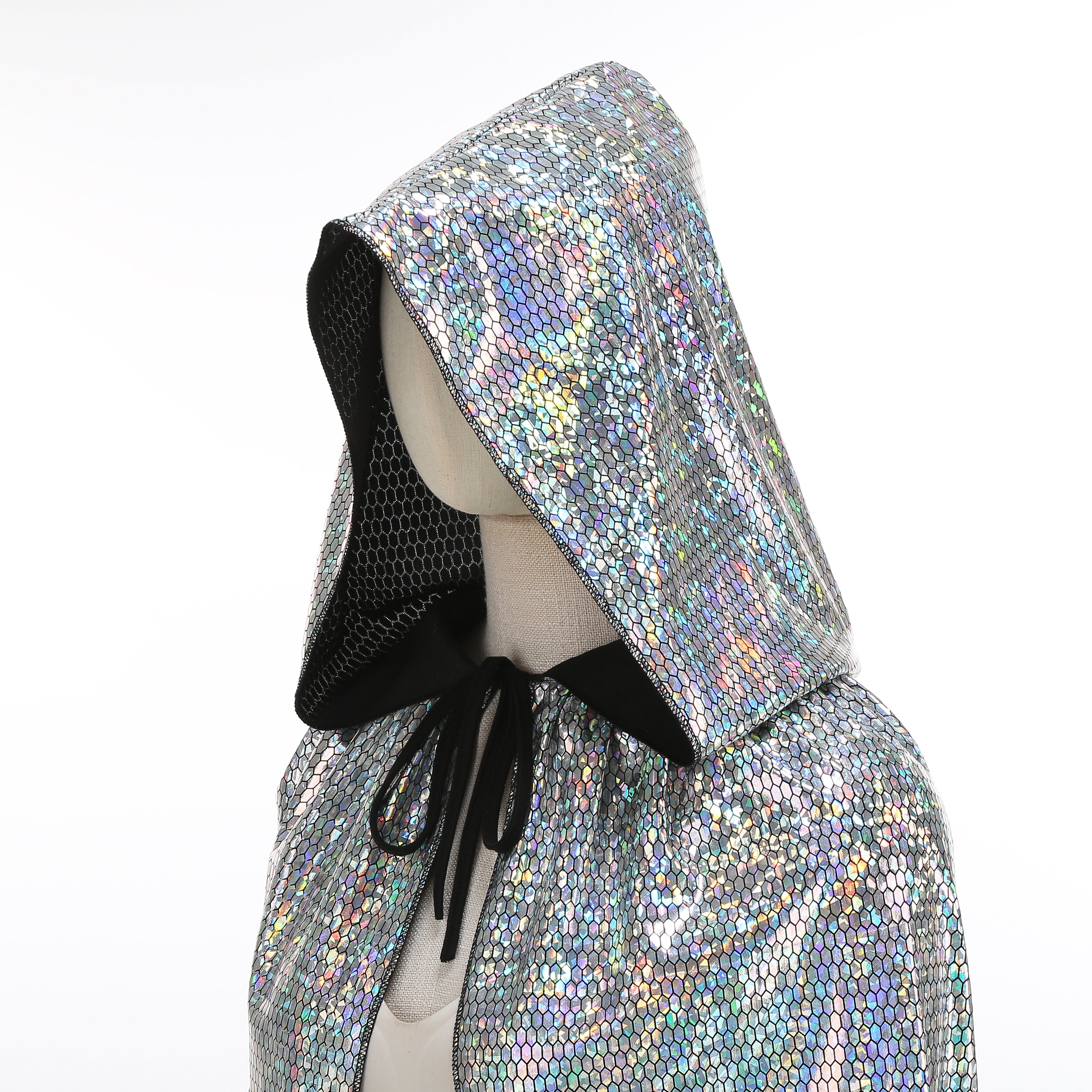 Custom Hexagonal Holographic Silver Hooded Cape for Adults, Double‑Layer Shiny Metallic Cloak 120‑160CM Halloween Rave Festival Cosplay Costume