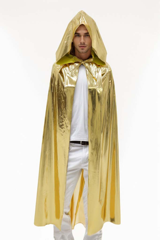 Custom Metallic Gold Hooded Cape With Neck Tie‑Strap 115CM 125CM 145CM 155CM Shiny Cosplay Cloak For Halloween Fantasy Theme Party