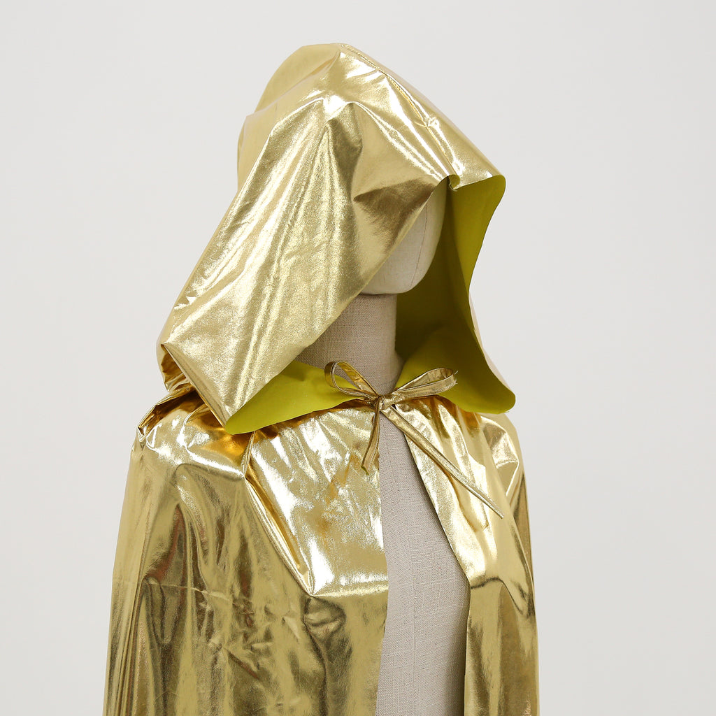 Custom Metallic Gold Hooded Cape With Neck Tie‑Strap 115CM 125CM 145CM 155CM Shiny Cosplay Cloak For Halloween Fantasy Theme Party