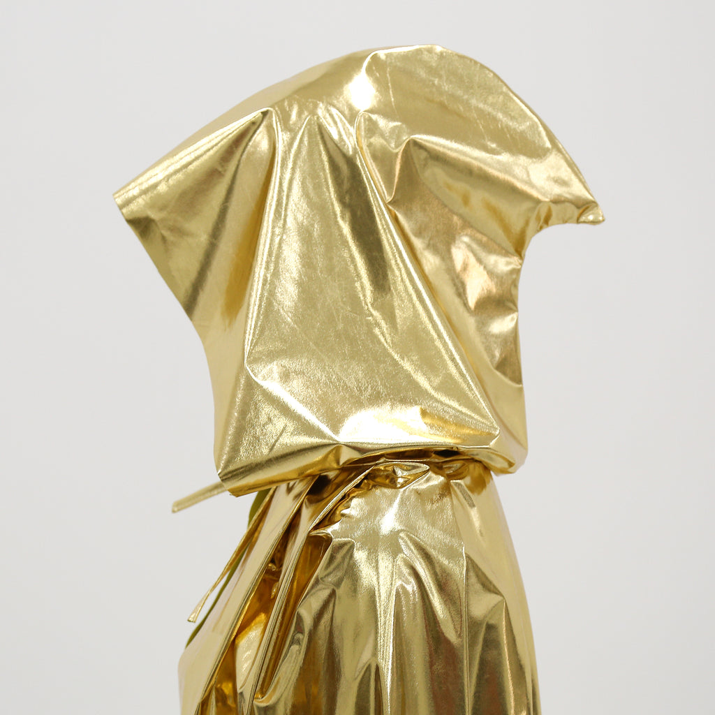 Custom Metallic Gold Hooded Cape With Neck Tie‑Strap 115CM 125CM 145CM 155CM Shiny Cosplay Cloak For Halloween Fantasy Theme Party