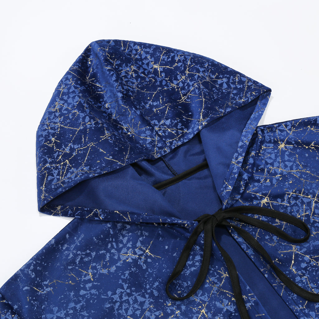 Adult Women Wizard Hooded Robe, Blue Gold Foil Velvet Witch Cloak, 150cm‑170cm Shoulder‑to‑Hem Long Cape for Sorceress Halloween Cosplay