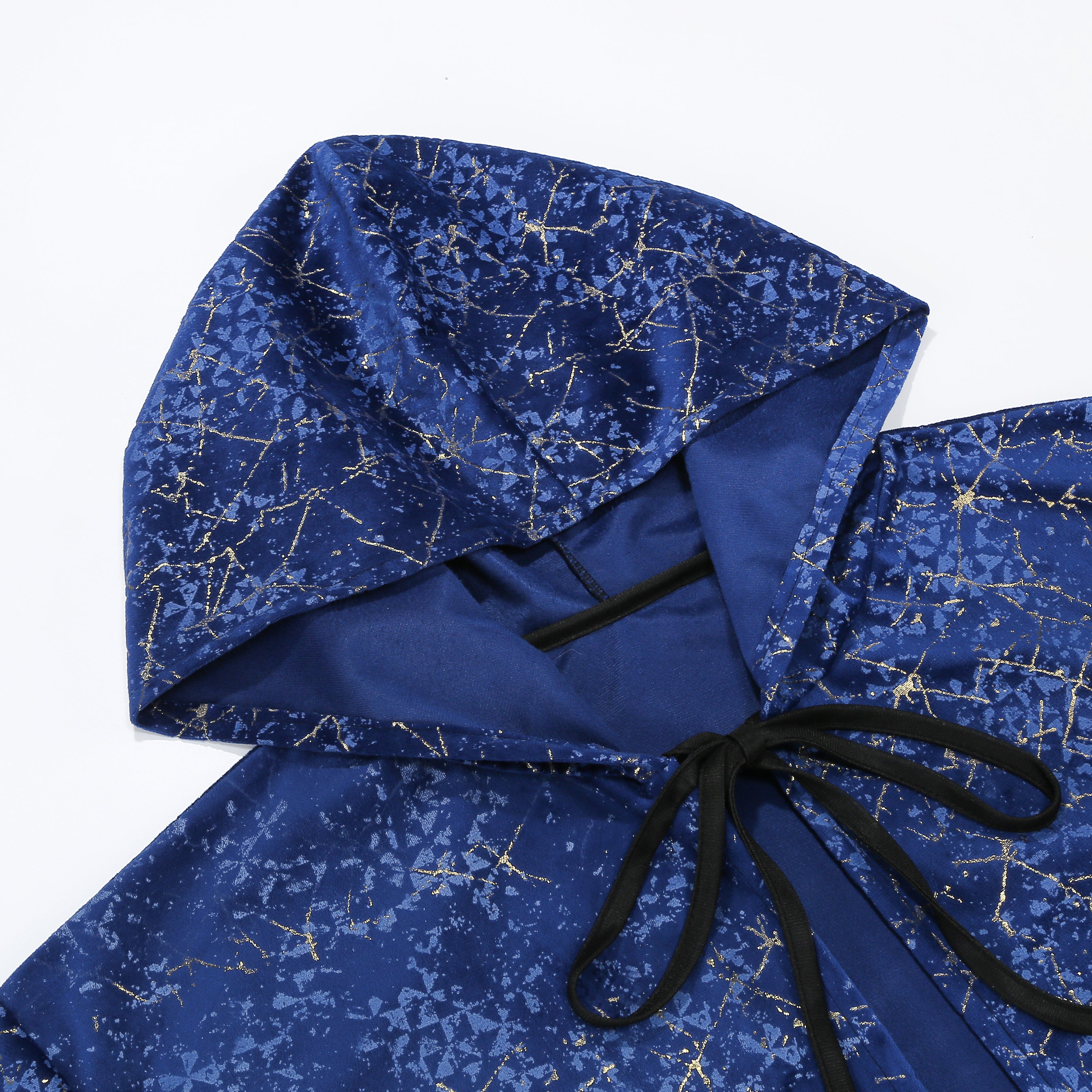 Adult Women Wizard Hooded Robe, Blue Gold Foil Velvet Witch Cloak, 150cm‑170cm Shoulder‑to‑Hem Long Cape for Sorceress Halloween Cosplay