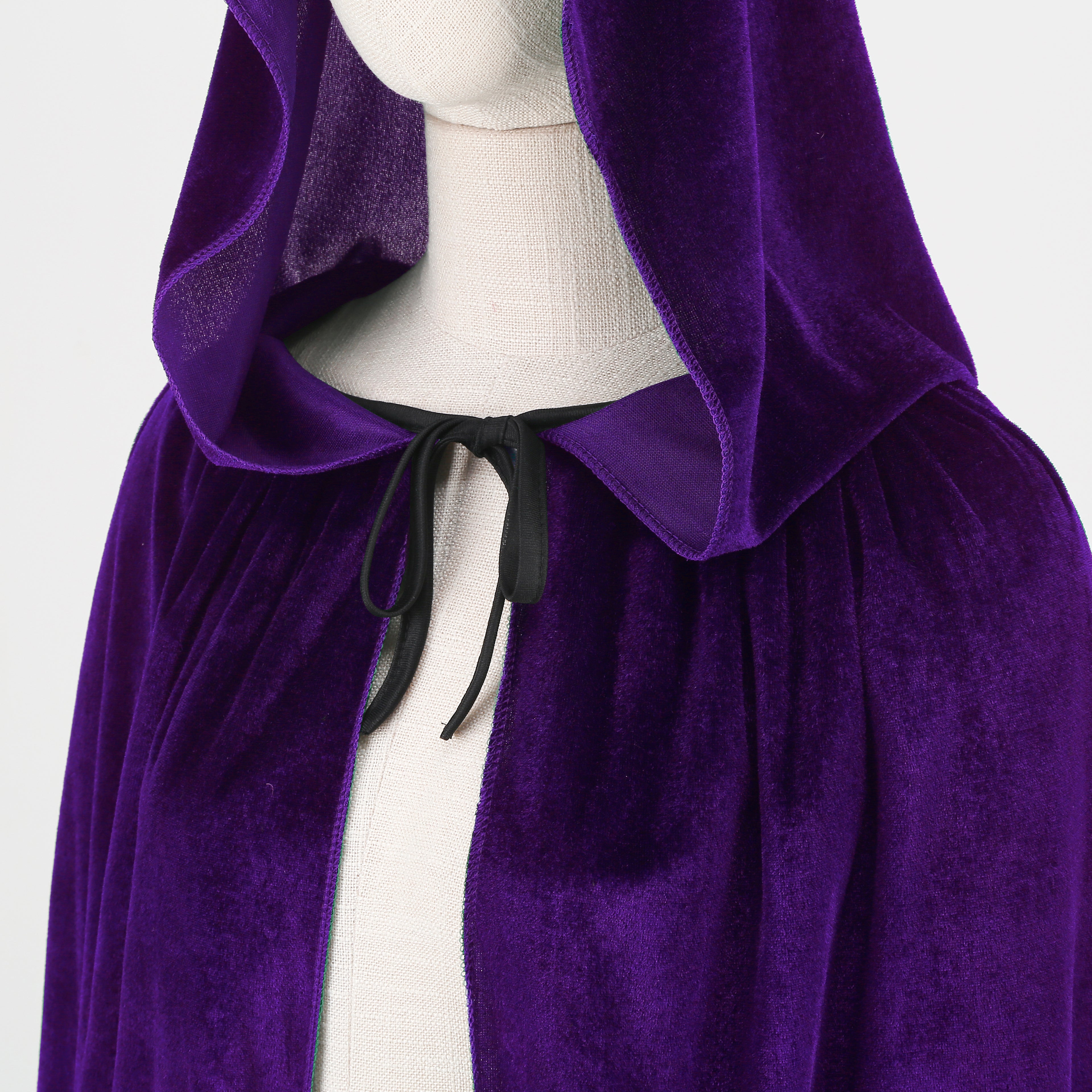 Adult Purple Velvet Hooded Cape Witch 2‑Piece Set, Long Cloak with Masquerade Mask for Halloween Cosplay Party, 110‑170cm