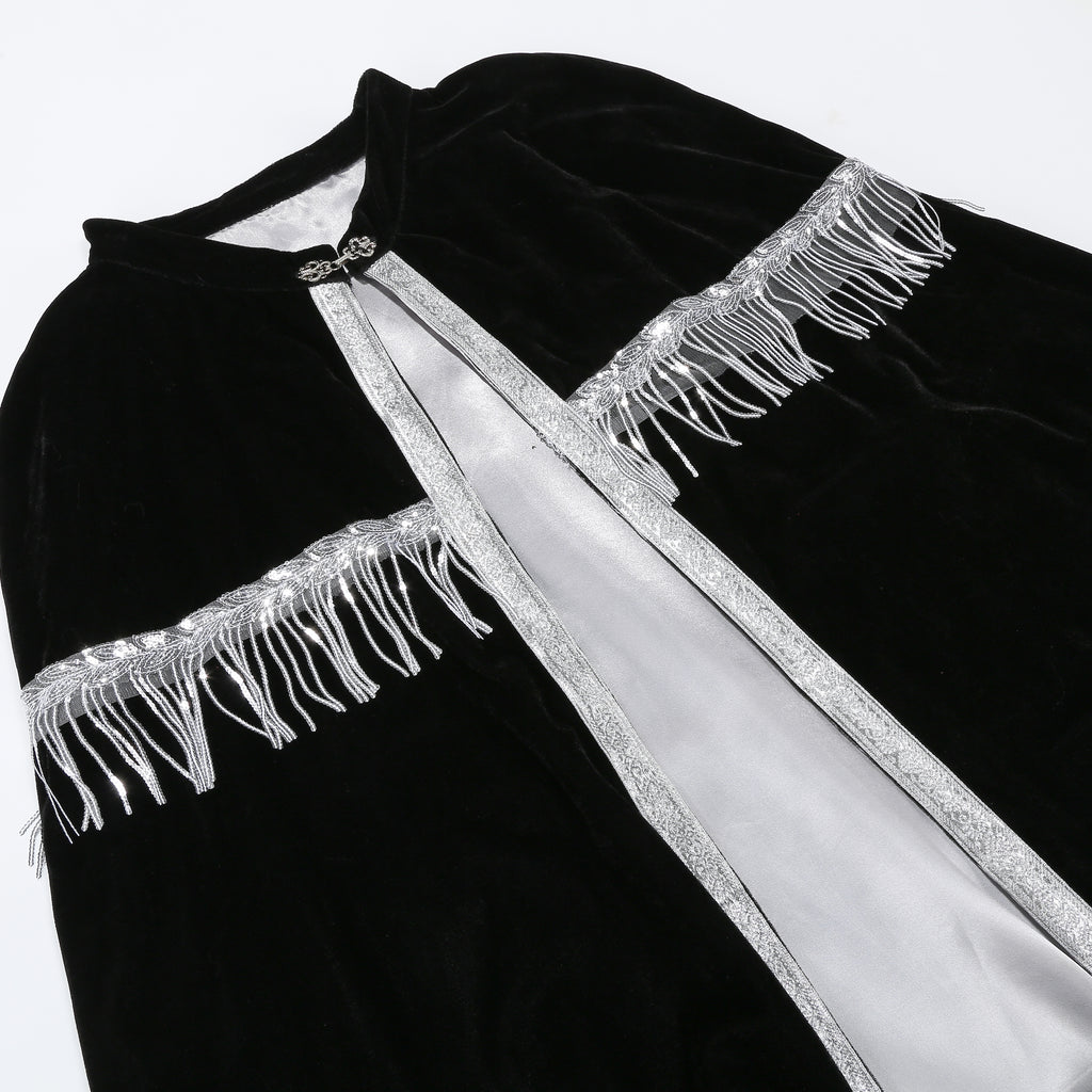 Unisex Medieval Hooded Cloak Renaissance Velvet Cape with Silver Tassels Adult Halloween Party Royal Witch
