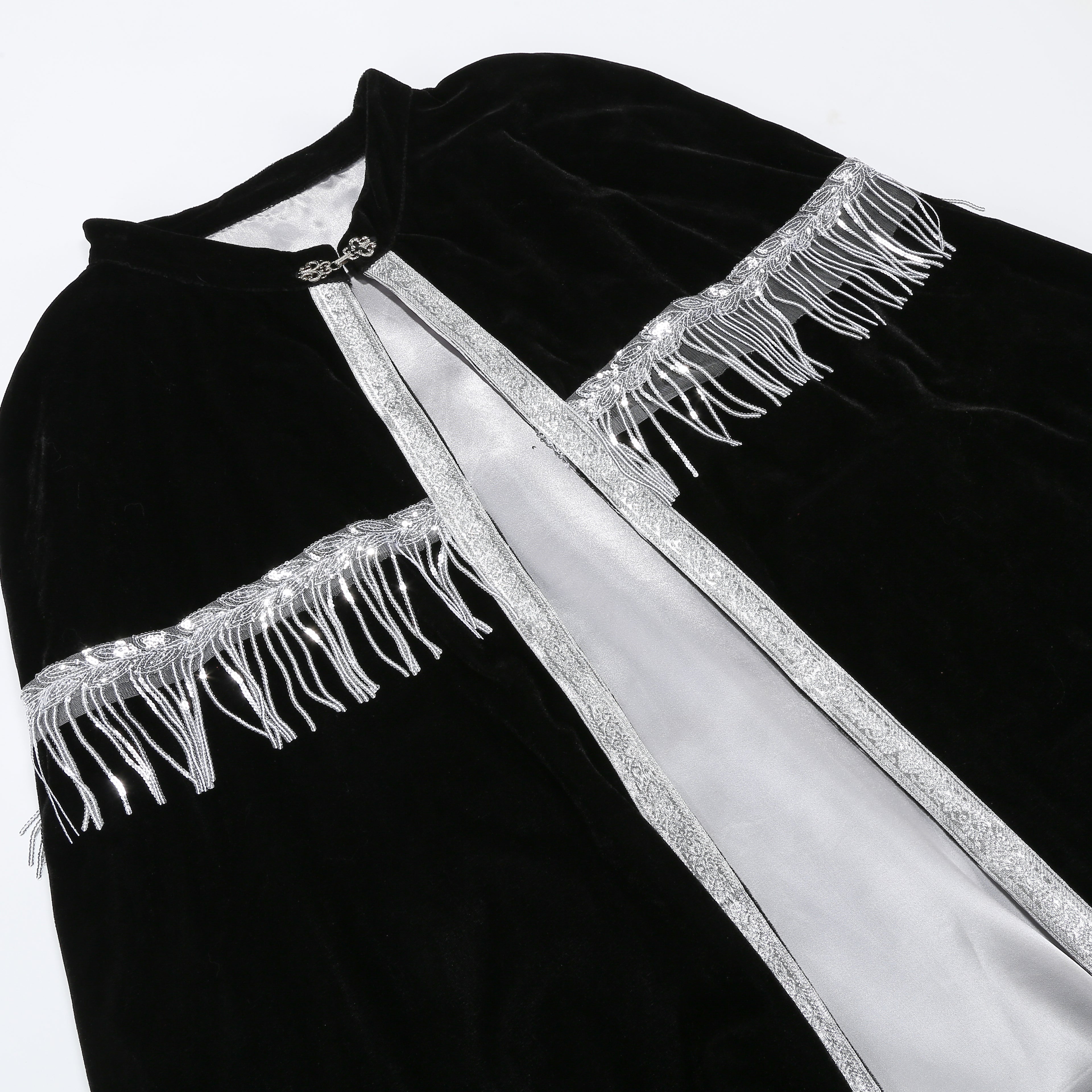 Unisex Medieval Hooded Cloak Renaissance Velvet Cape with Silver Tassels Adult Halloween Party Royal Witch