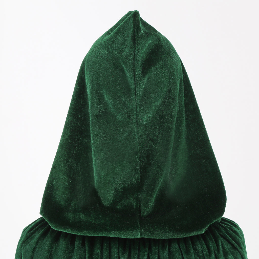 Adult Green Velvet Hooded Cape Elf 3‑Piece Set, Long Cloak with Elf Ears & Flower Crown for Halloween Cosplay Party, 110‑170cm