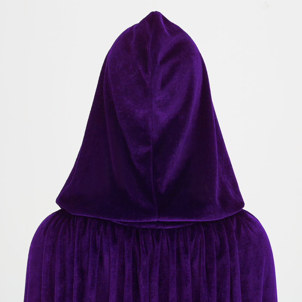 Adult Purple Velvet Hooded Cape Witch 2‑Piece Set, Long Cloak with Masquerade Mask for Halloween Cosplay Party, 110‑170cm