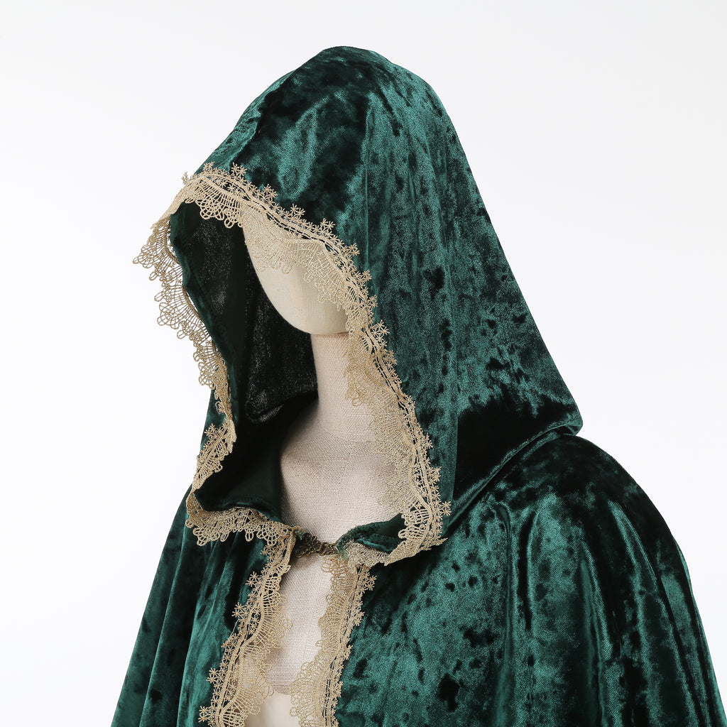 Medieval Velvet Hooded Cloak Renaissance Lace Trim Cape with Shoulder Shawl Collar Robe Halloween Party LARP Outfit