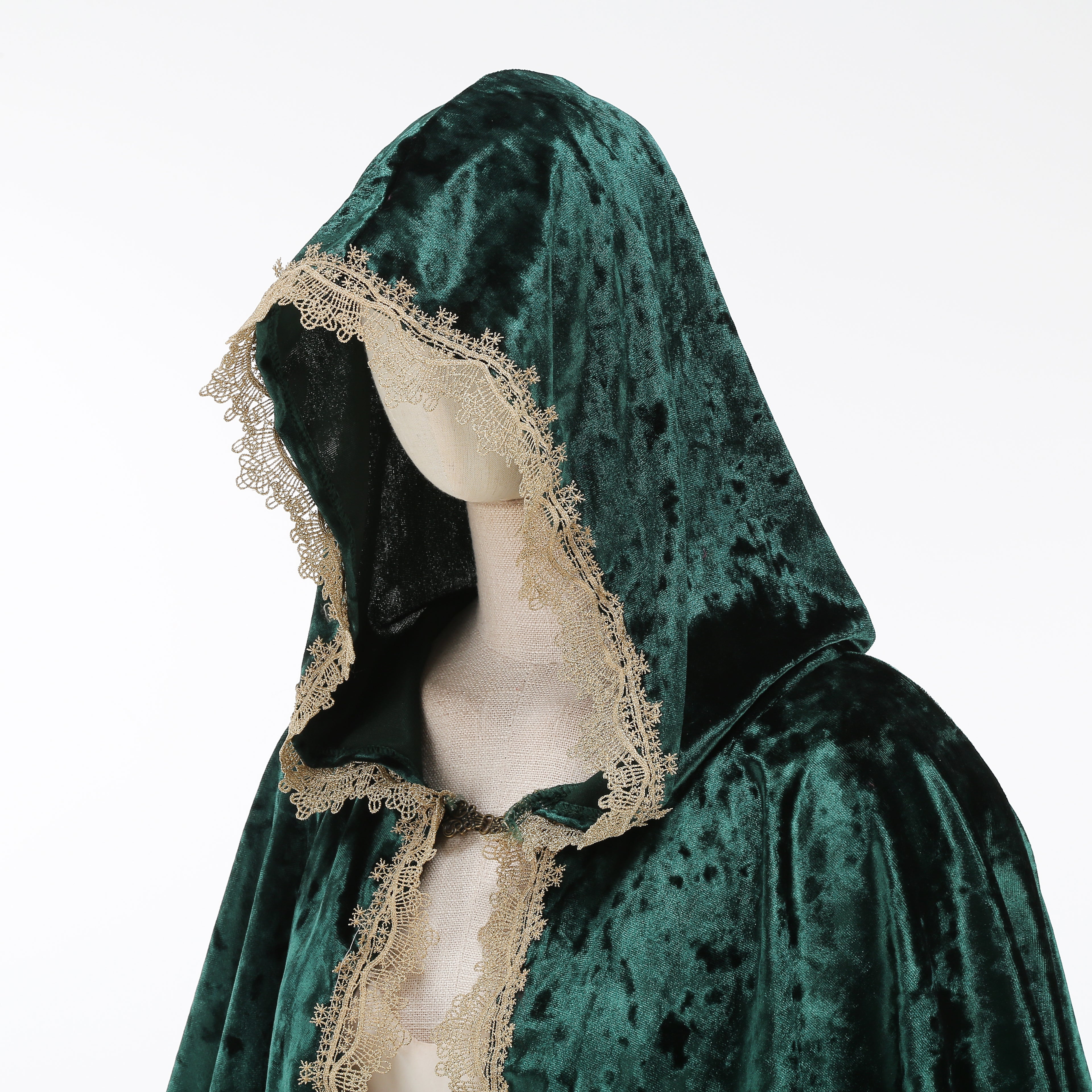 Medieval Velvet Hooded Cloak Renaissance Lace Trim Cape with Shoulder Shawl Collar Robe Halloween Party LARP Outfit
