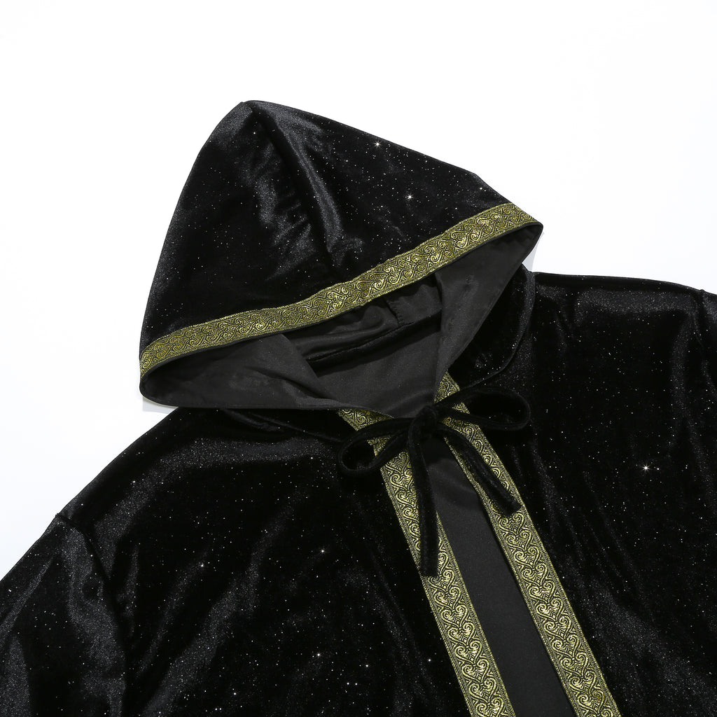 Adult Wizard Hooded Robe Cloak, Sparkle Velvet Wizard Cape With Gold Trim, 140cm‑160cm Shoulder‑to‑Hem for Warlock Sorcerer Halloween Cosplay