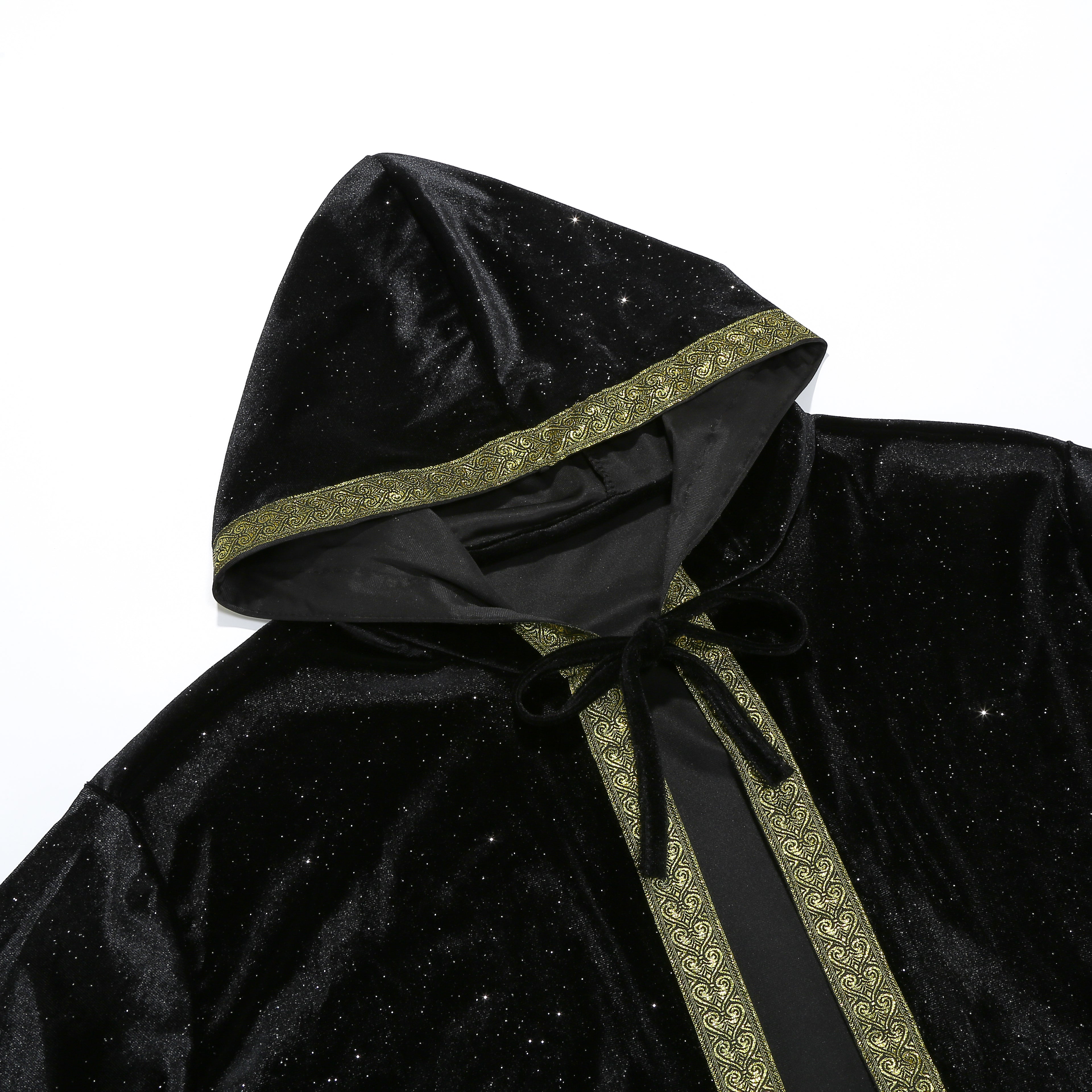 Adult Wizard Hooded Robe Cloak, Sparkle Velvet Wizard Cape With Gold Trim, 140cm‑160cm Shoulder‑to‑Hem for Warlock Sorcerer Halloween Cosplay