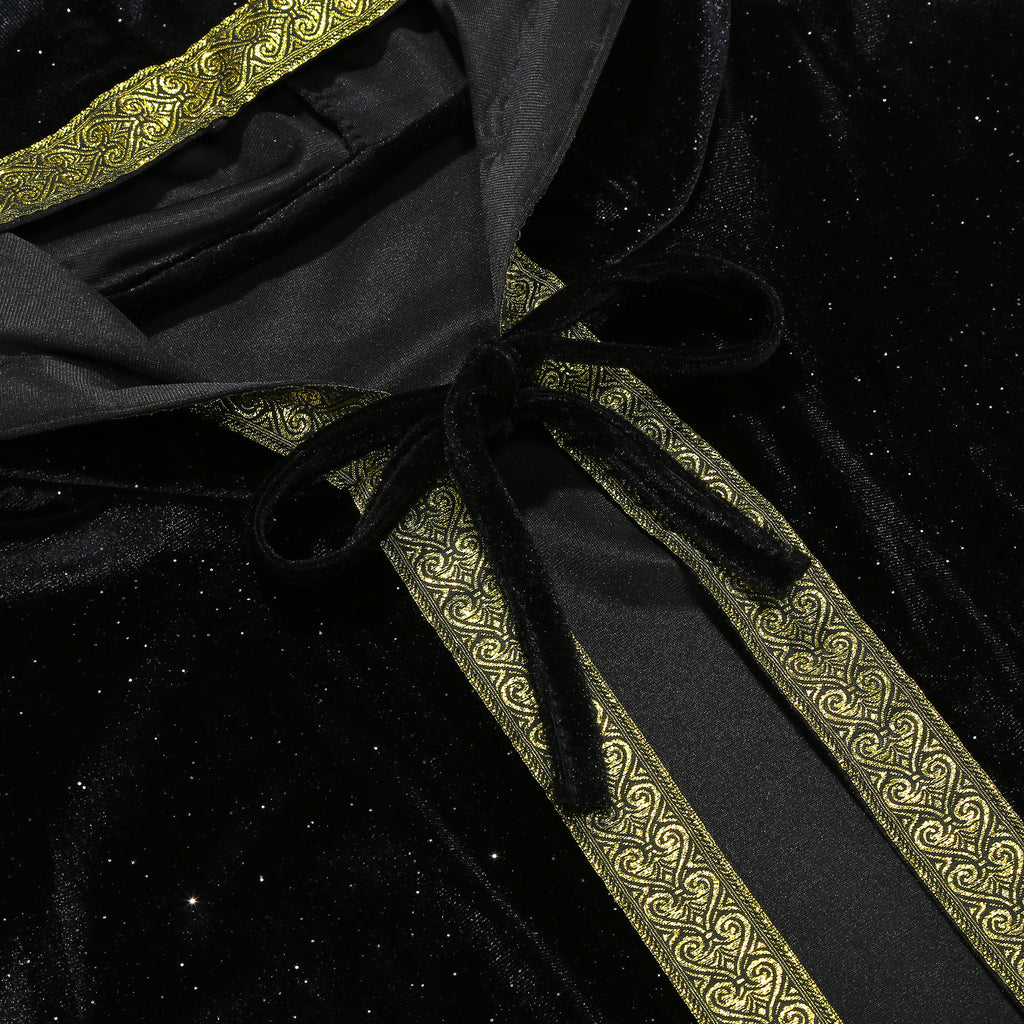 Adult Wizard Hooded Robe Cloak, Sparkle Velvet Wizard Cape With Gold Trim, 140cm‑160cm Shoulder‑to‑Hem for Warlock Sorcerer Halloween Cosplay
