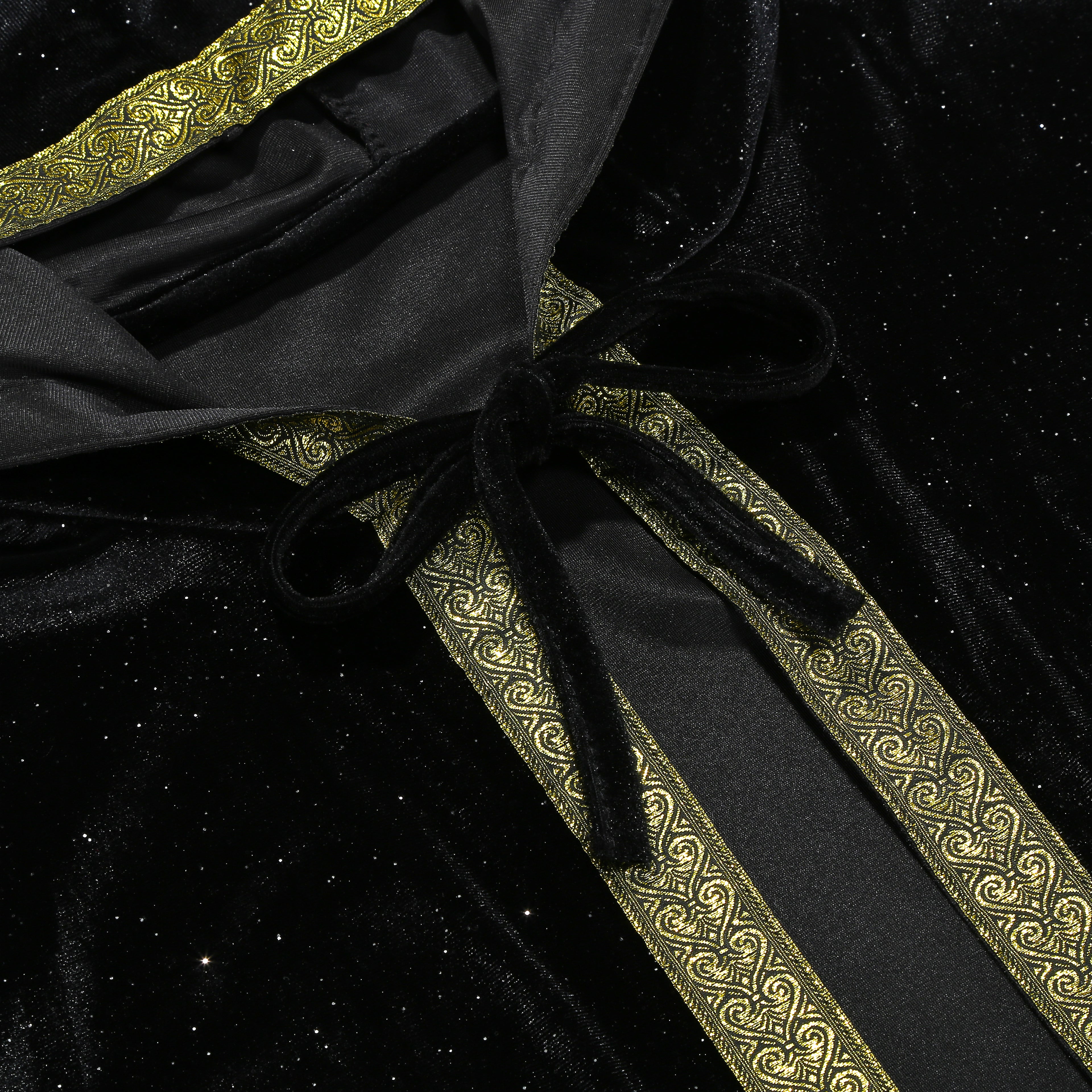 Adult Wizard Hooded Robe Cloak, Sparkle Velvet Wizard Cape With Gold Trim, 140cm‑160cm Shoulder‑to‑Hem for Warlock Sorcerer Halloween Cosplay