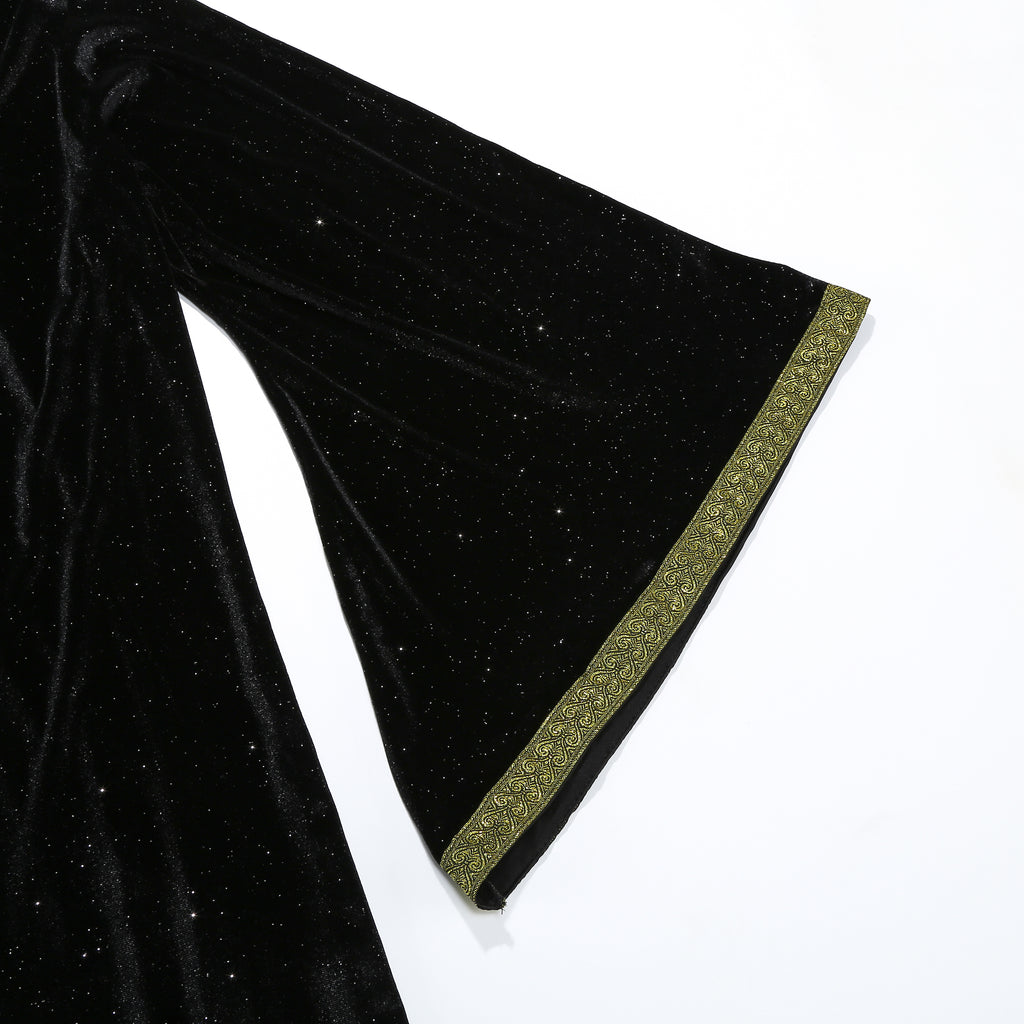 Adult Wizard Hooded Robe Cloak, Sparkle Velvet Wizard Cape With Gold Trim, 140cm‑160cm Shoulder‑to‑Hem for Warlock Sorcerer Halloween Cosplay