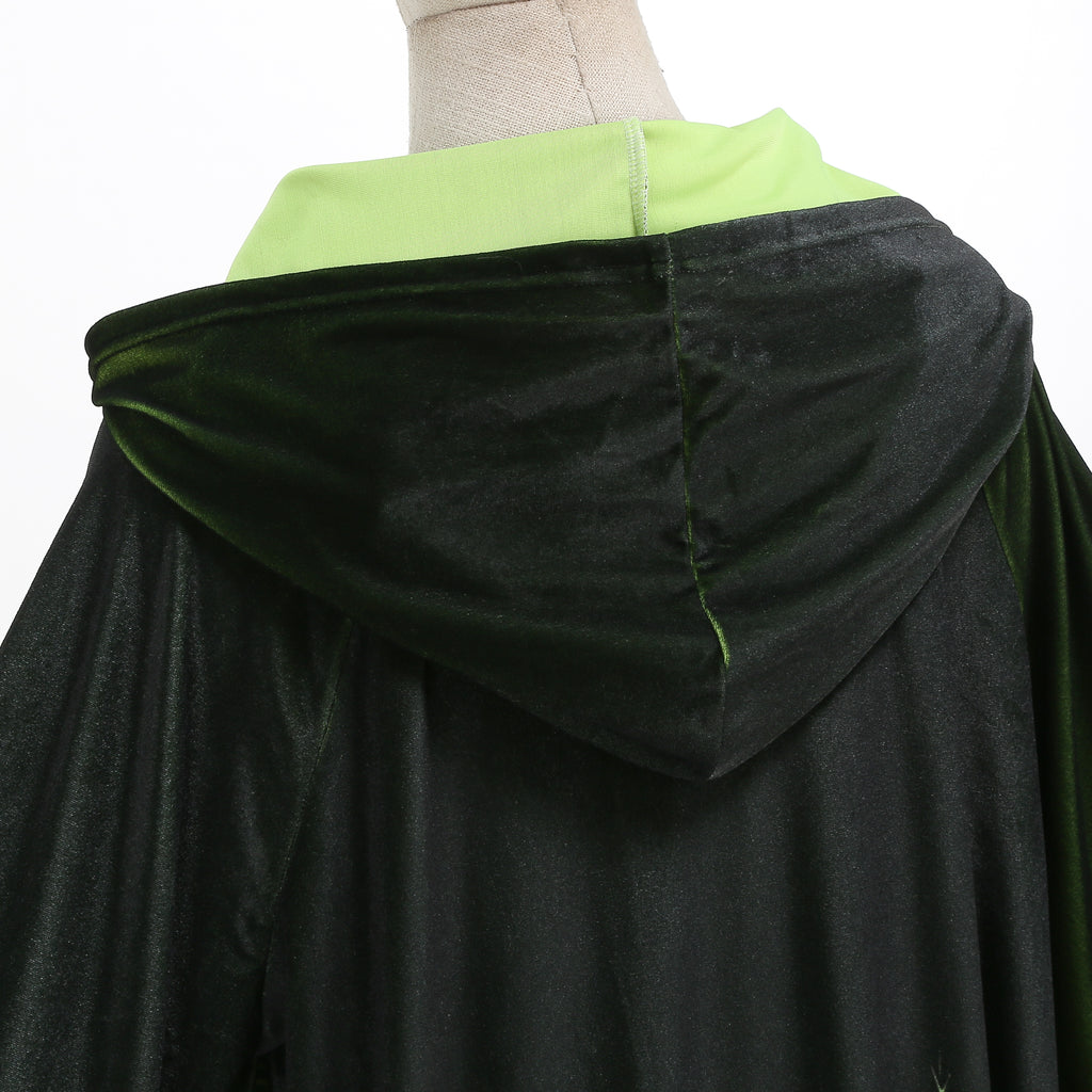 Adult Men Wizard Hooded Robe, Black Cloak With Green Tree Branch Print, 150cm‑170cm Shoulder‑to‑Hem Sorcerer Cape for Halloween Cosplay
