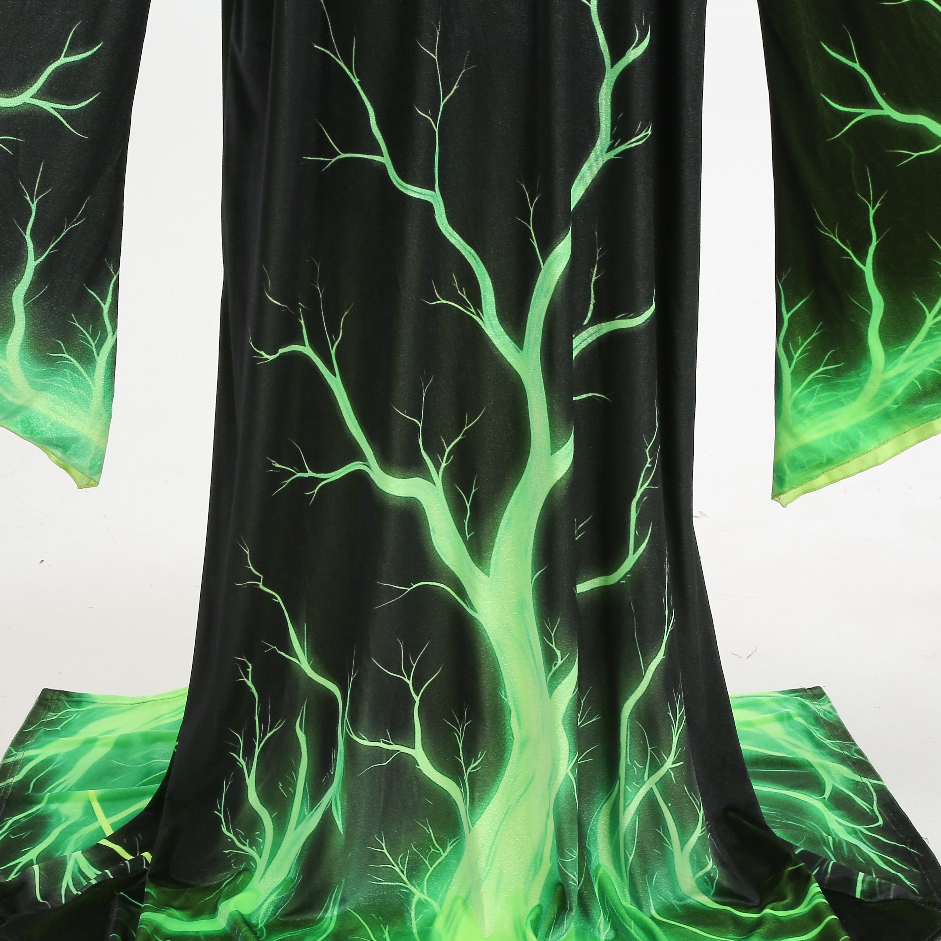 Adult Men Wizard Hooded Robe, Black Cloak With Green Tree Branch Print, 150cm‑170cm Shoulder‑to‑Hem Sorcerer Cape for Halloween Cosplay