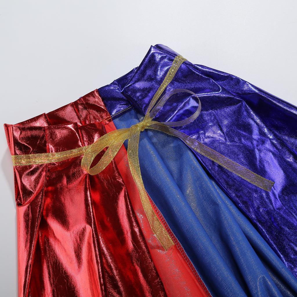 Custom Metallic Stand‑Up Collar Cape With Tie‑Strap 115CM 125CM 145CM 155CM Red‑Blue Black‑Silver Champagne Cosplay Cloak For Halloween Party
