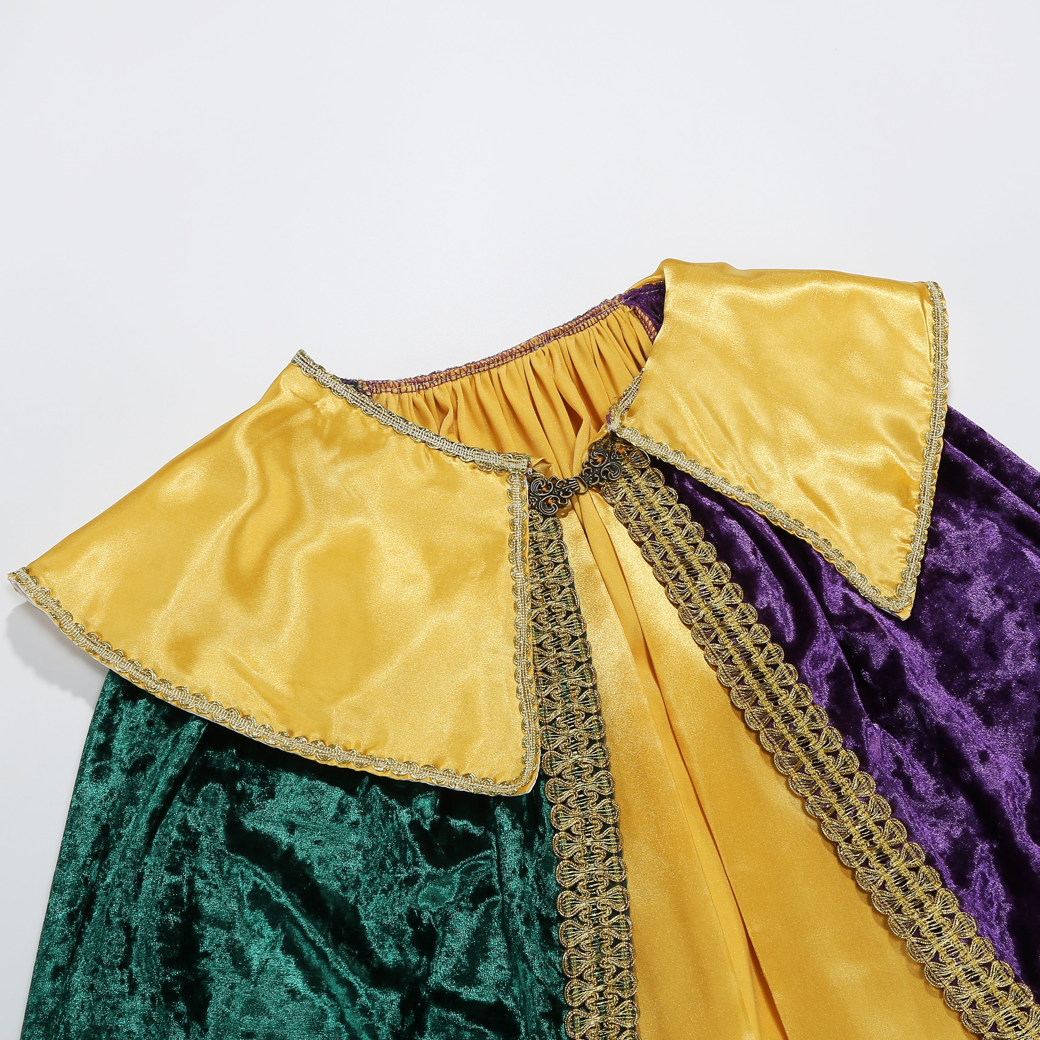 Adult Mardi Gras King Lace Trim Cape, Tricolor Green‑Purple‑Gold Velvet Cloak 150‑170CM, Carnival Royal Cosplay Party Costume