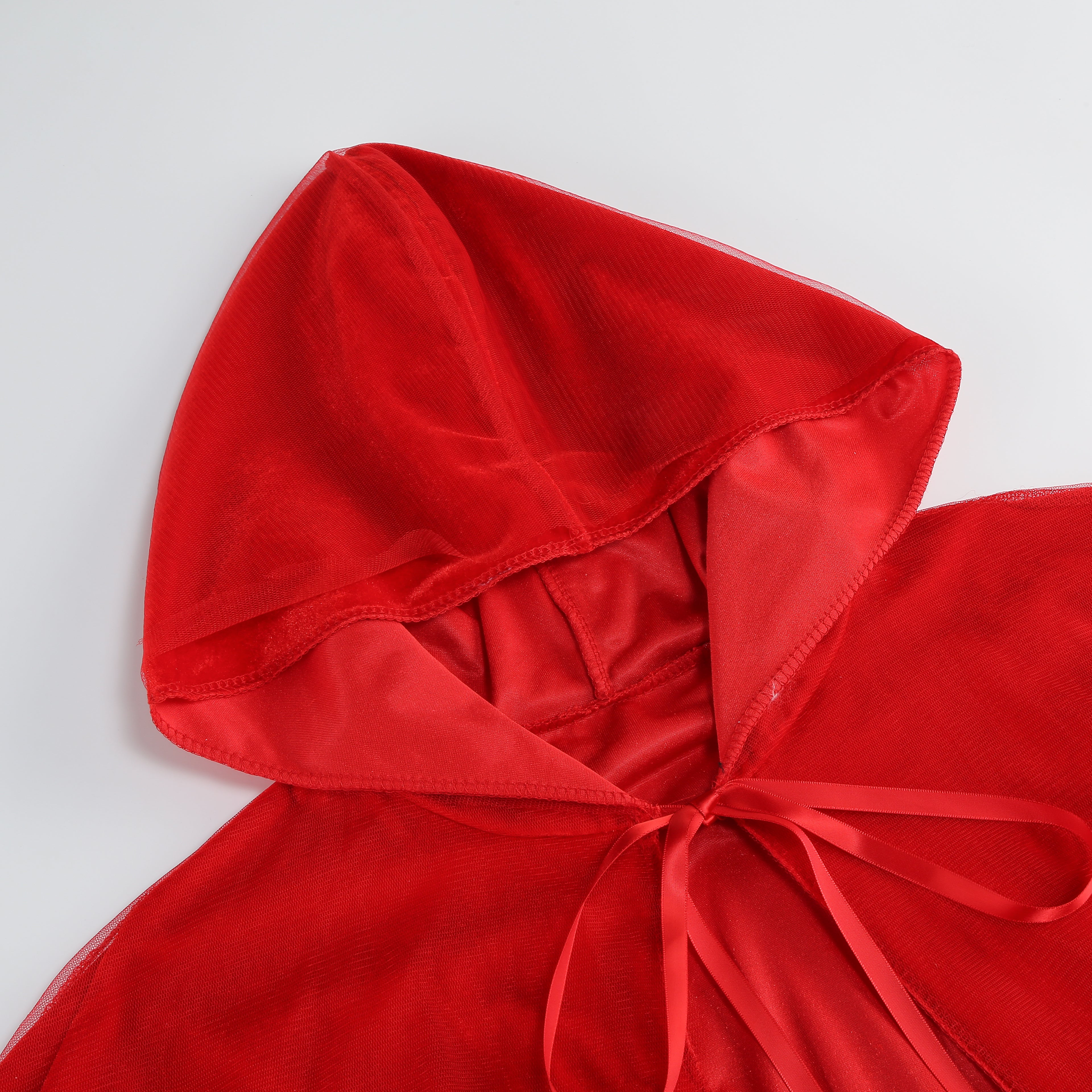 Adult Little Red Riding Hood Hooded Cape, Velvet Tulle Overlay Red Cloak 120cm Shoulder‑to‑Hem for Fairy Tale Halloween Cosplay