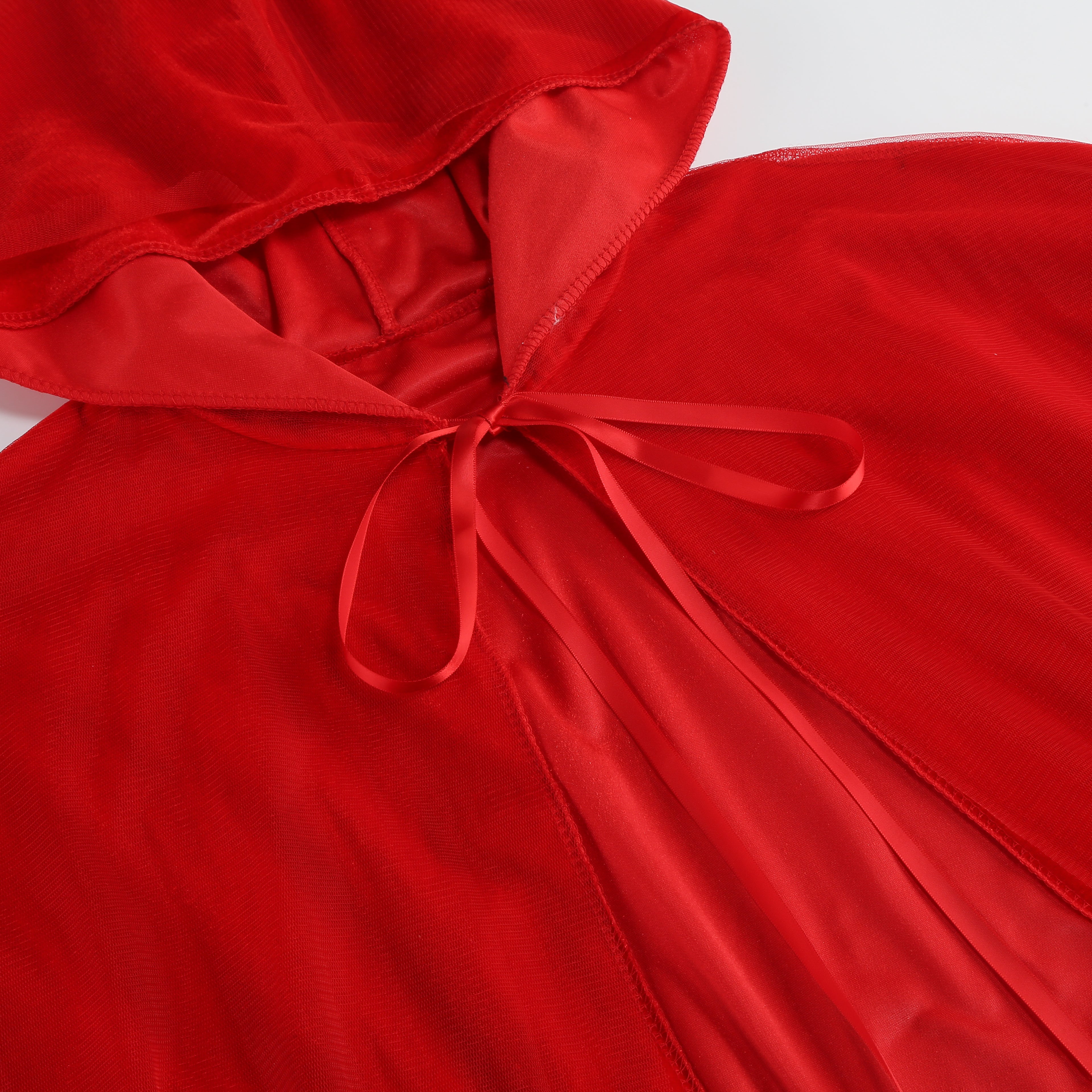 Adult Little Red Riding Hood Hooded Cape, Velvet Tulle Overlay Red Cloak 120cm Shoulder‑to‑Hem for Fairy Tale Halloween Cosplay