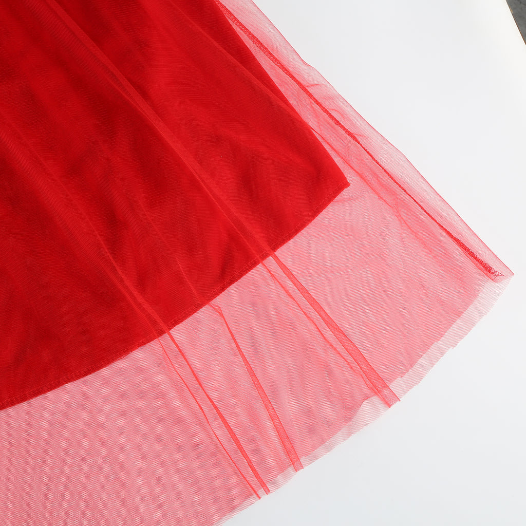 Adult Little Red Riding Hood Hooded Cape, Velvet Tulle Overlay Red Cloak 120cm Shoulder‑to‑Hem for Fairy Tale Halloween Cosplay