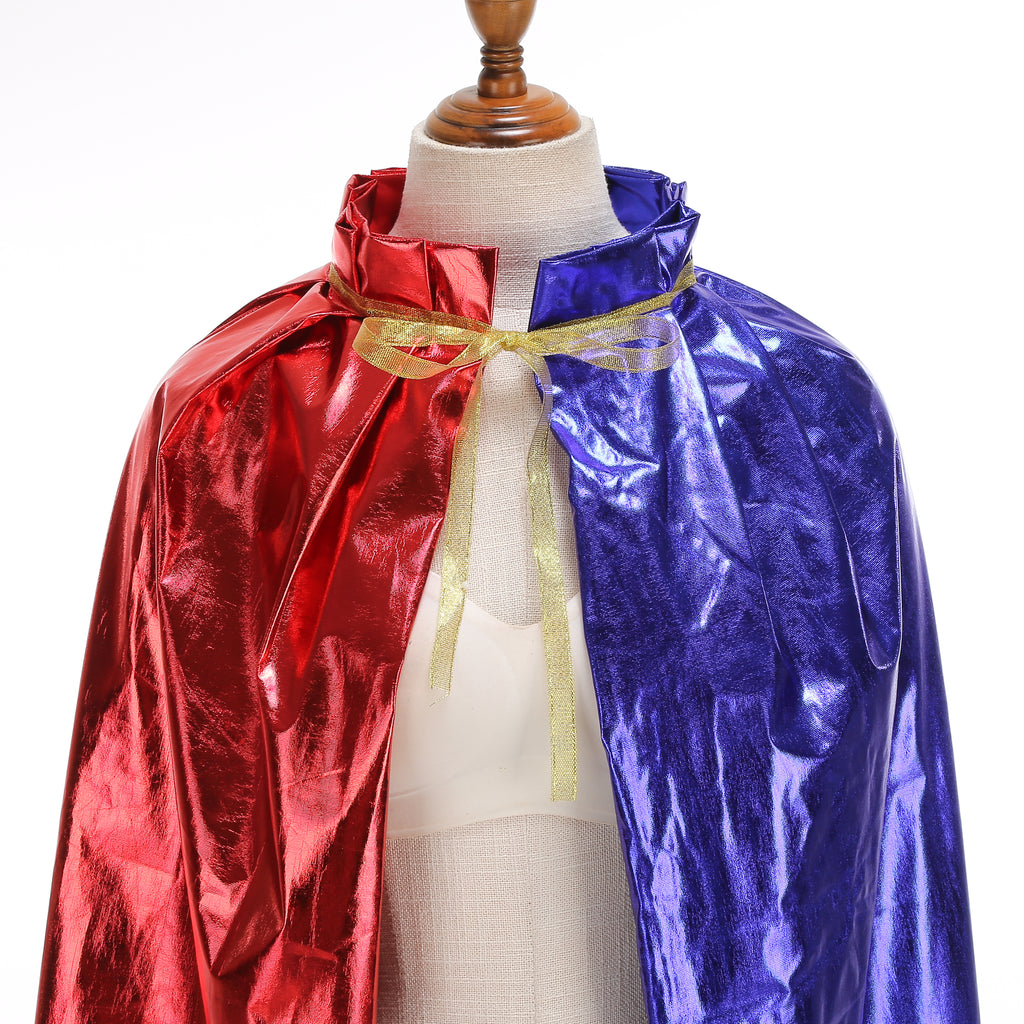 Custom Metallic Stand‑Up Collar Cape With Tie‑Strap 115CM 125CM 145CM 155CM Red‑Blue Black‑Silver Champagne Cosplay Cloak For Halloween Party