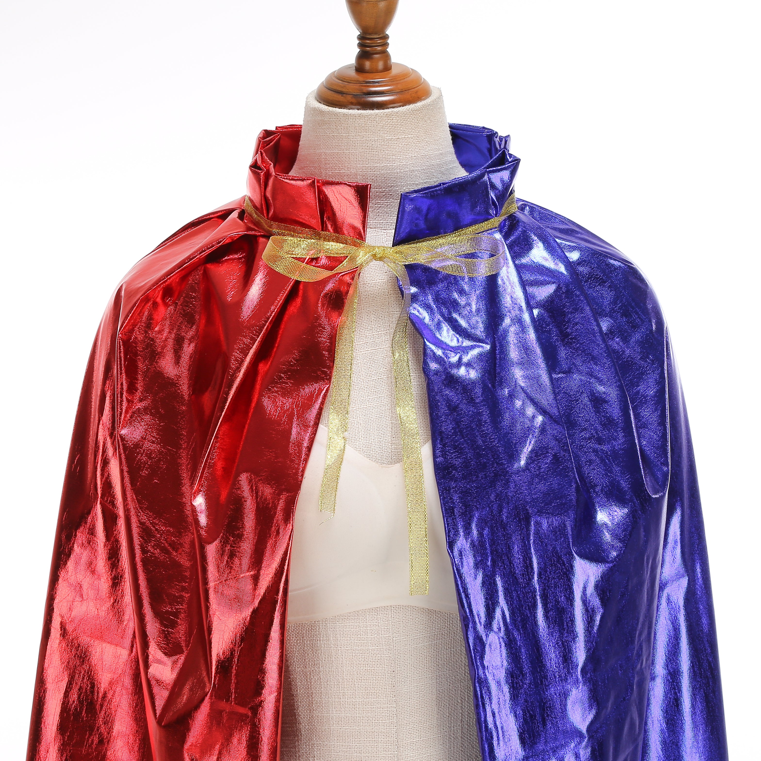 Custom Metallic Stand‑Up Collar Cape With Tie‑Strap 115CM 125CM 145CM 155CM Red‑Blue Black‑Silver Champagne Cosplay Cloak For Halloween Party