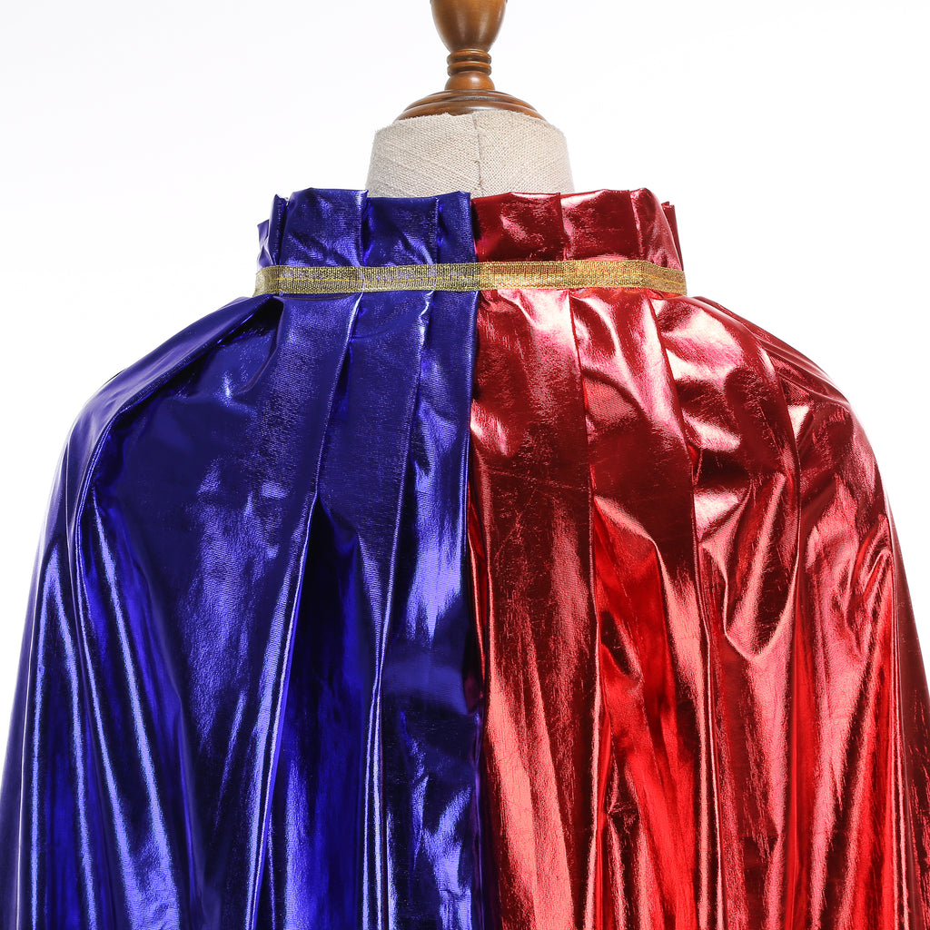 Custom Metallic Stand‑Up Collar Cape With Tie‑Strap 115CM 125CM 145CM 155CM Red‑Blue Black‑Silver Champagne Cosplay Cloak For Halloween Party