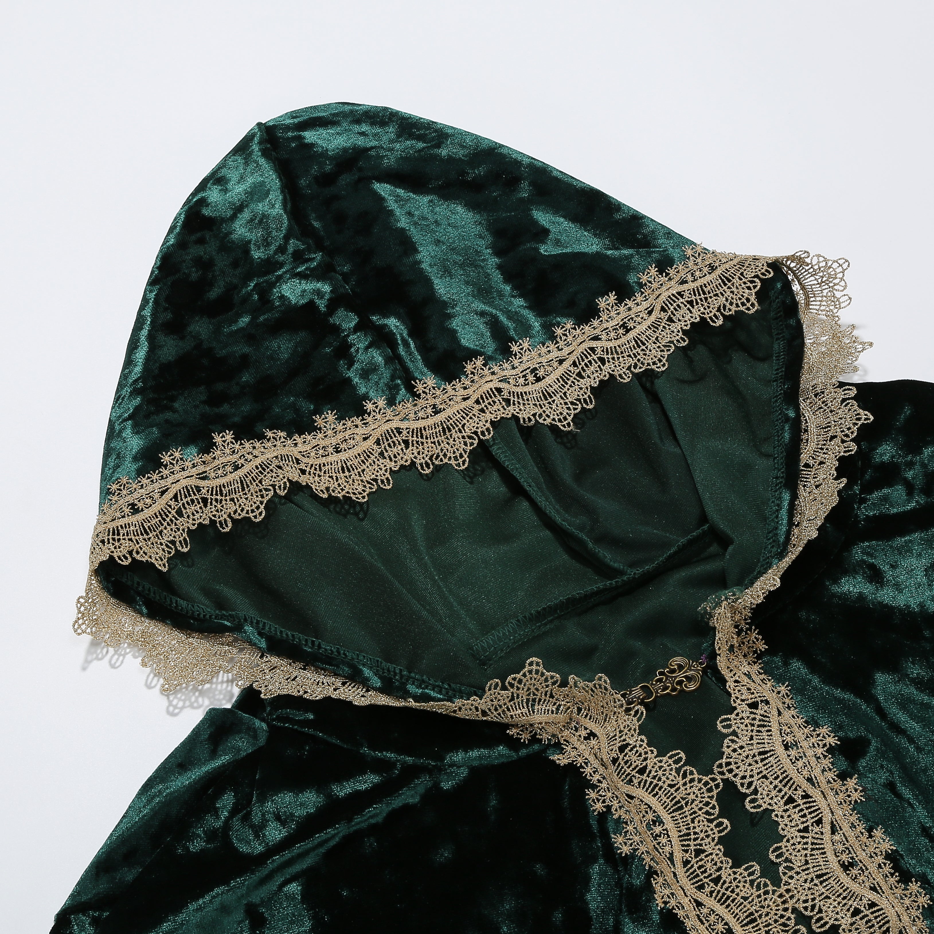 Medieval Velvet Hooded Cloak Renaissance Lace Trim Cape with Shoulder Shawl Collar Robe Halloween Party LARP Outfit
