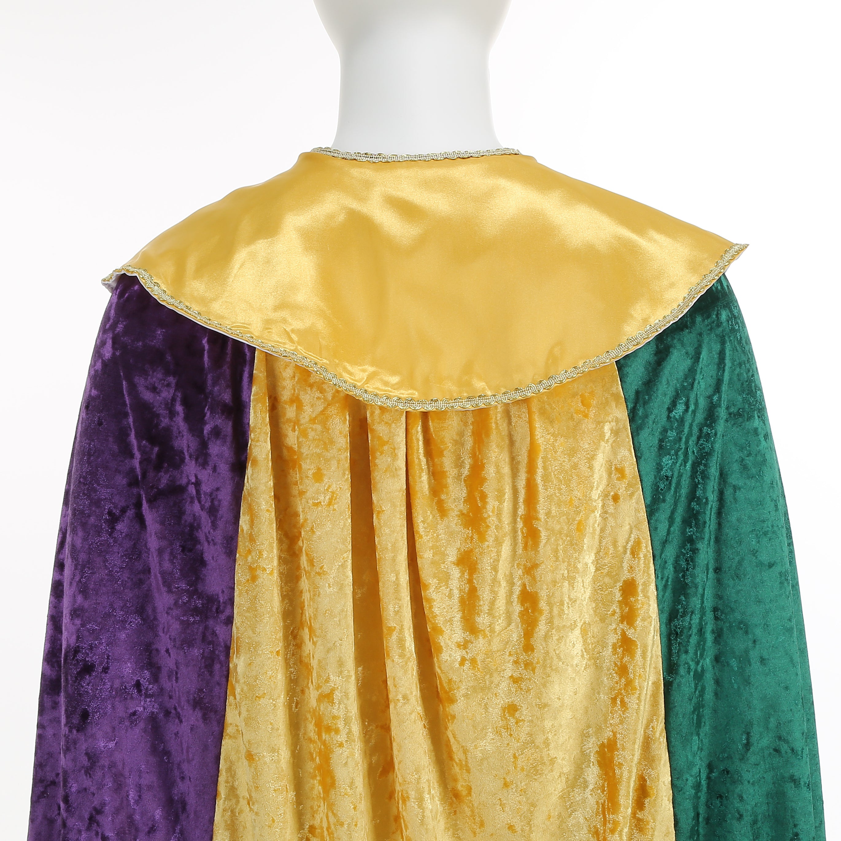Adult Mardi Gras King Lace Trim Cape, Tricolor Green‑Purple‑Gold Velvet Cloak 150‑170CM, Carnival Royal Cosplay Party Costume