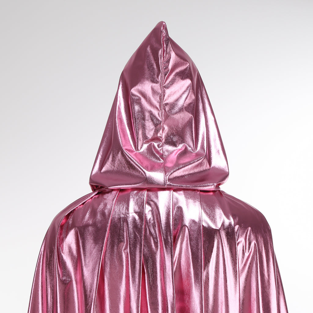 Custom Metallic Hooded Cape With Neck Tie‑Strap Pink 115CM 125CM 145CM 155CM Shiny Cosplay Cloak For Halloween Fantasy Theme Party