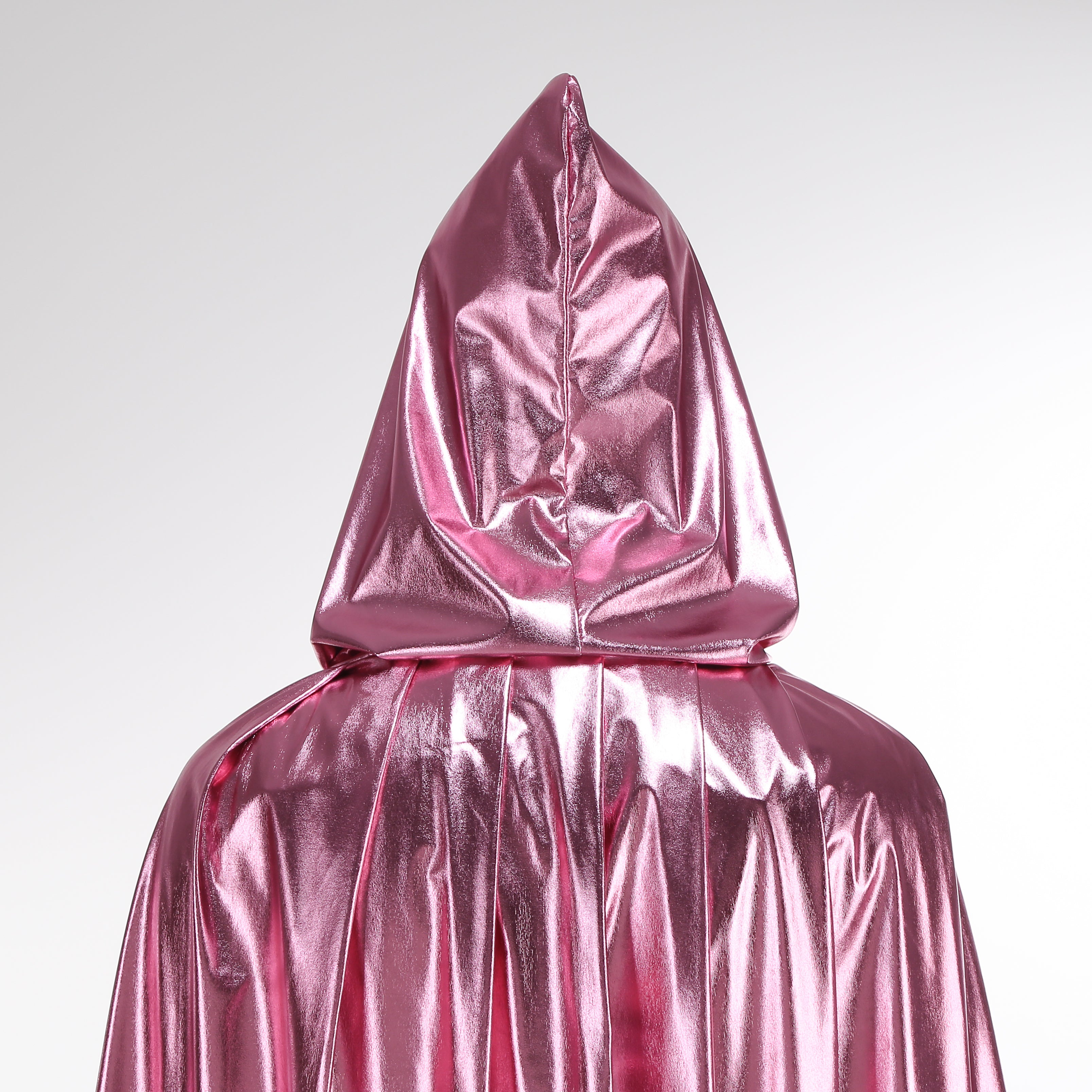 Custom Metallic Hooded Cape With Neck Tie‑Strap Pink 115CM 125CM 145CM 155CM Shiny Cosplay Cloak For Halloween Fantasy Theme Party