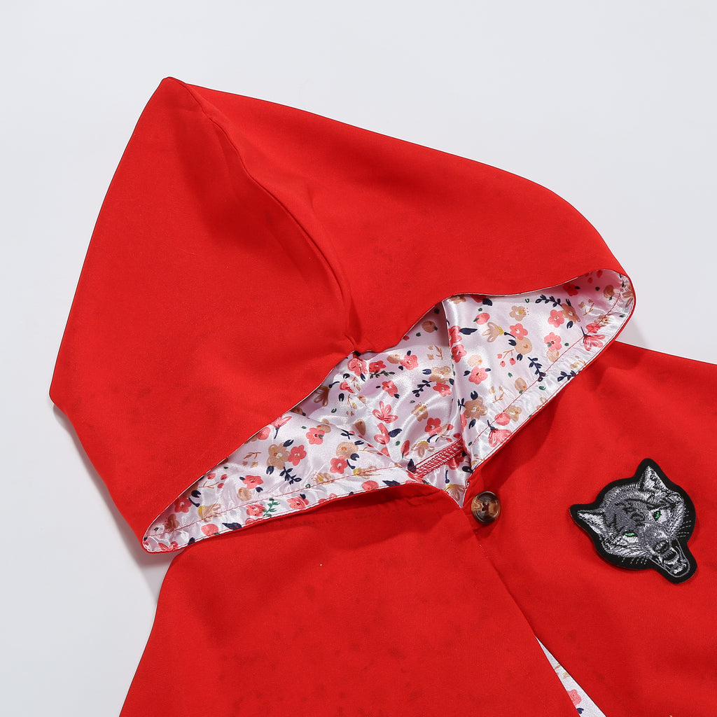Adult Little Red Riding Hood Cape Poncho Style, Floral Lining Wolf Patch Red Cloak 60cm Shoulder‑to‑Hem for Fairy Tale Halloween Cosplay