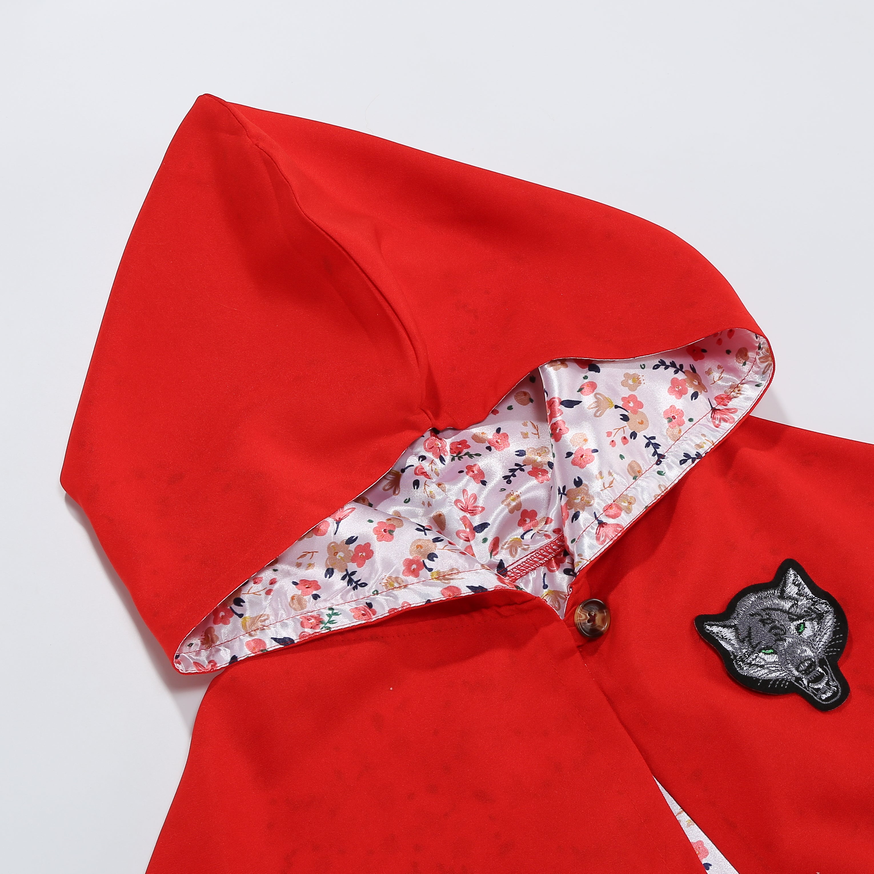 Adult Little Red Riding Hood Cape Poncho Style, Floral Lining Wolf Patch Red Cloak 60cm Shoulder‑to‑Hem for Fairy Tale Halloween Cosplay