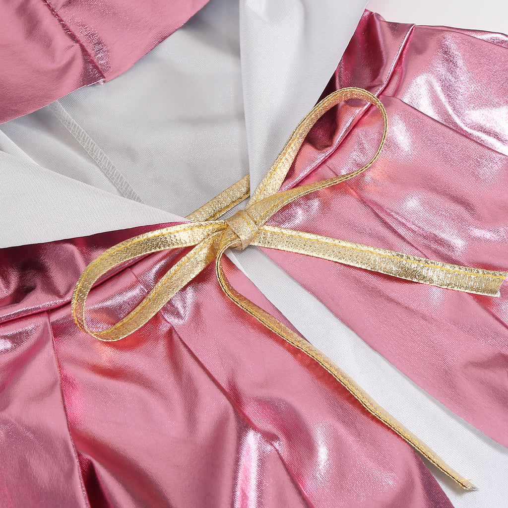 Custom Metallic Hooded Cape With Neck Tie‑Strap Pink 115CM 125CM 145CM 155CM Shiny Cosplay Cloak For Halloween Fantasy Theme Party