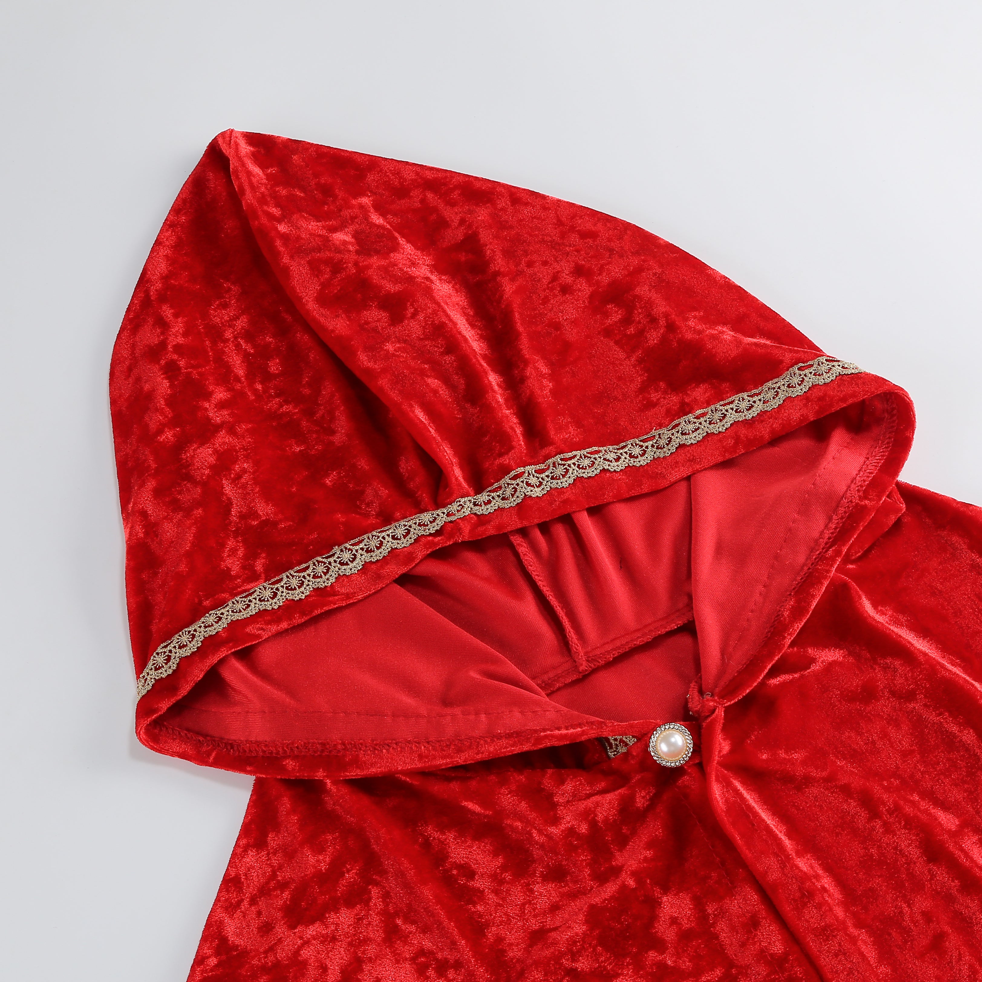 Adult Little Red Riding Hood Hooded Cape, Velvet Cloak With Golden Lace Trim 60cm Shoulder‑to‑Hem for Fairy Tale Halloween Cosplay