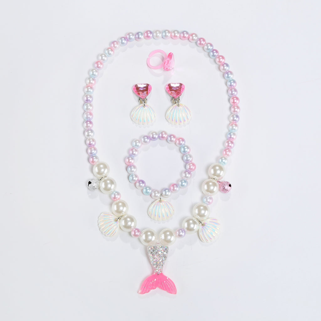 Kids Mermaid Princess Cape 7‑Piece Costume Set Pink 80CM, Scale Print Cloak with Crown Jewelry Sequin Bag, Girls Halloween Birthday Dress‑Up Kit Meta description