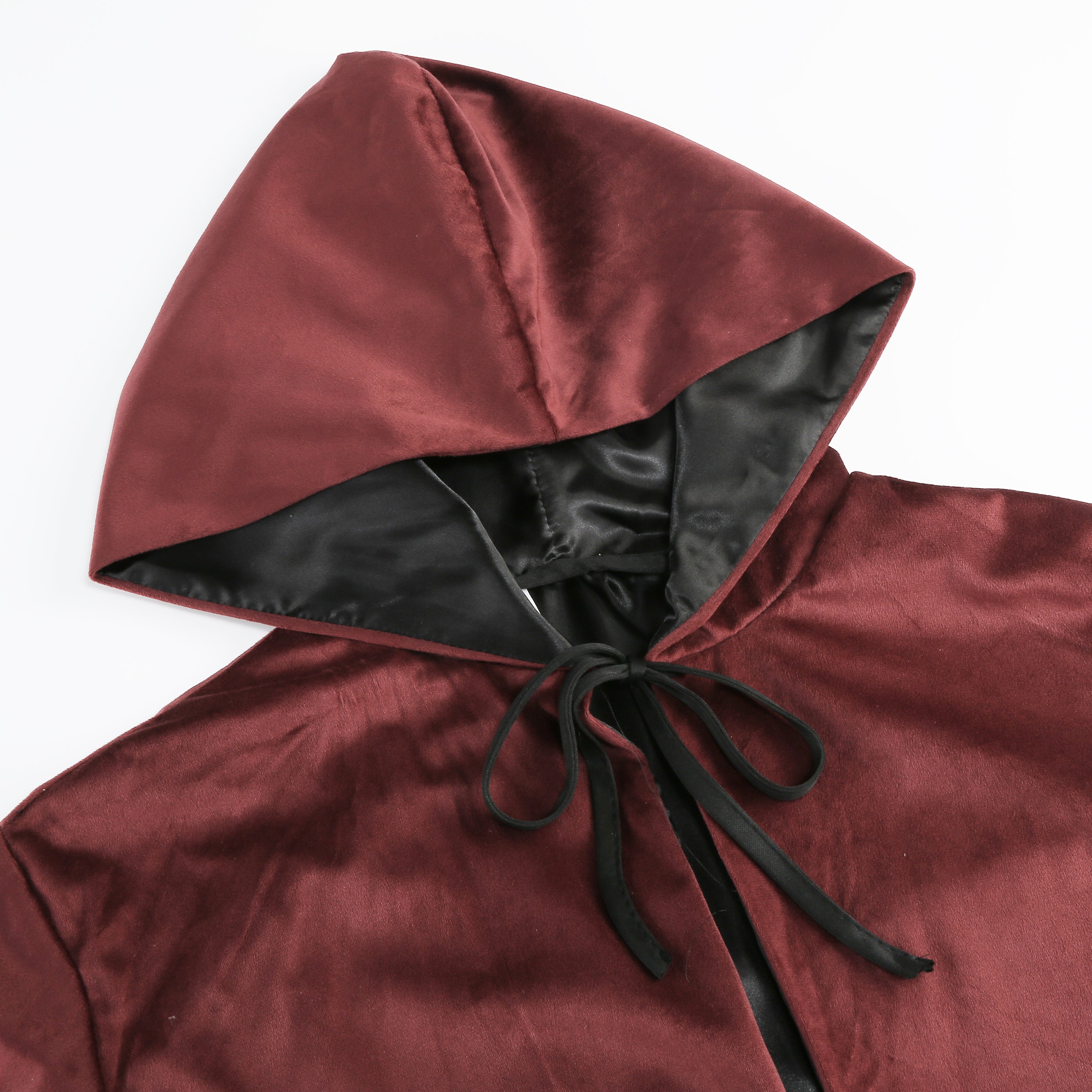Adult Double‑Sided Velvet Wizard Hooded Robe, Burgundy Reversible Cloak, 150cm‑170cm Shoulder‑to‑Hem for Sorcerer Halloween Cosplay