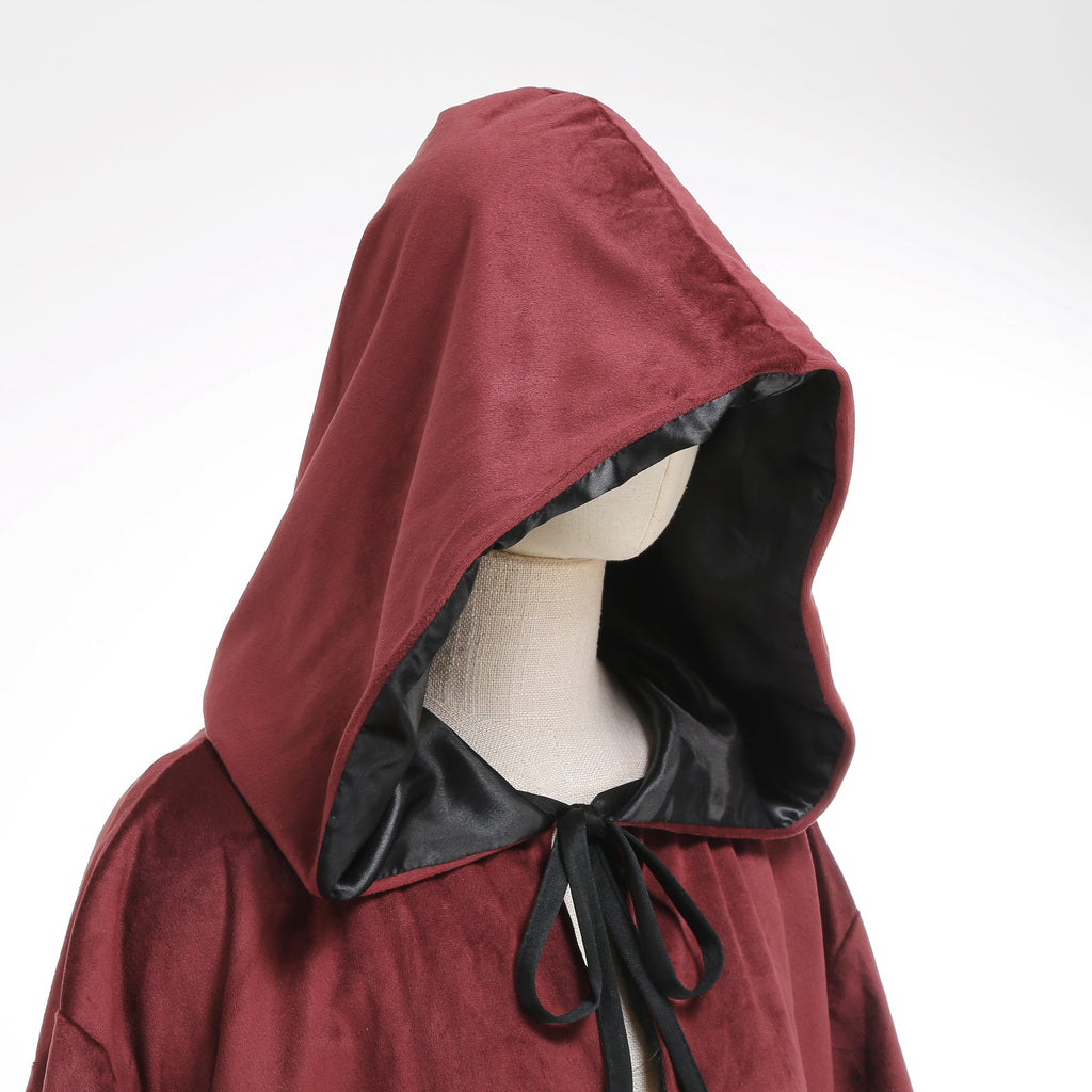 Adult Double‑Sided Velvet Wizard Hooded Robe, Burgundy Reversible Cloak, 150cm‑170cm Shoulder‑to‑Hem for Sorcerer Halloween Cosplay