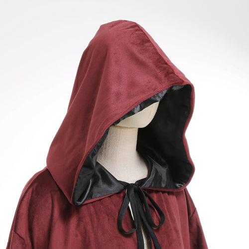 Adult Double‑Sided Velvet Wizard Hooded Robe, Burgundy Reversible Cloak, 150cm‑170cm Shoulder‑to‑Hem for Sorcerer Halloween Cosplay