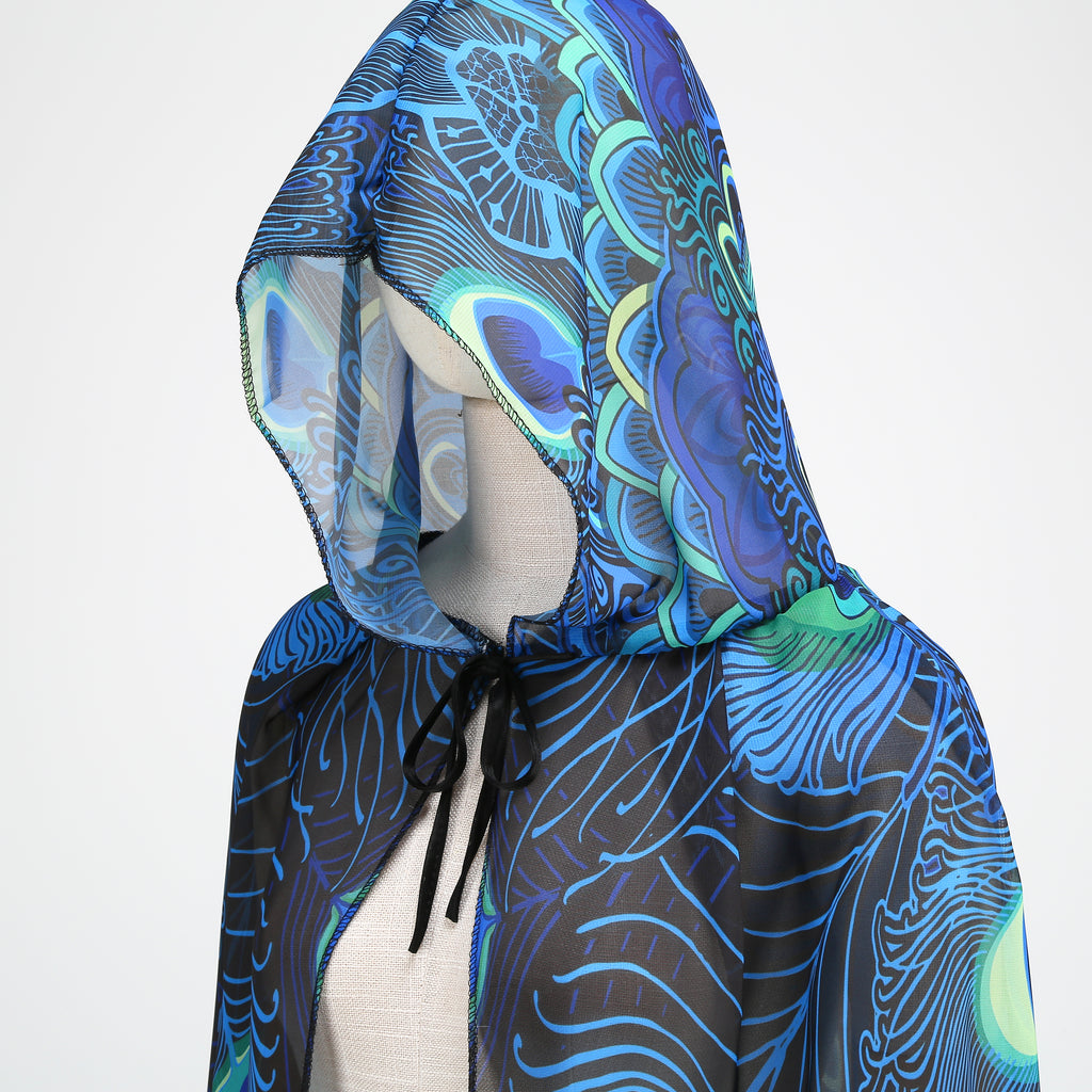 Adult Peacock Hooded Chiffon Cape Custom Print Cloak 130CM 150CM Women Halloween Cosplay Costume