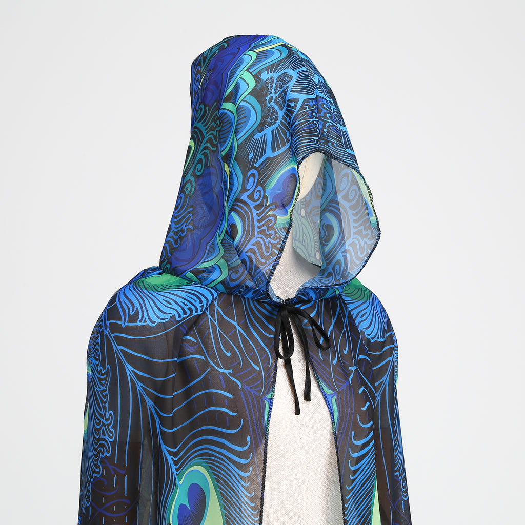 Adult Peacock Hooded Chiffon Cape Custom Print Cloak 130CM 150CM Women Halloween Cosplay Costume
