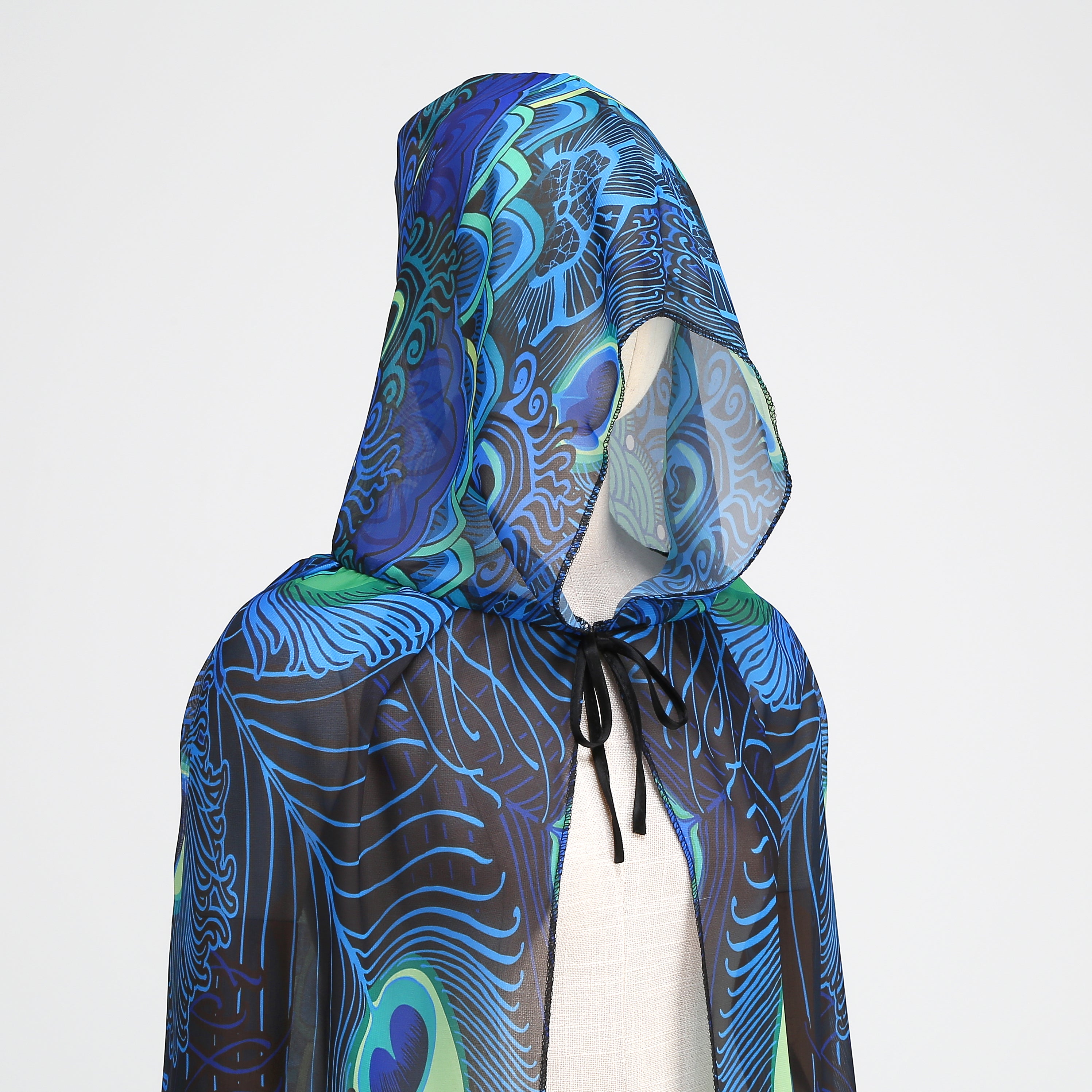 Adult Peacock Hooded Chiffon Cape Custom Print Cloak 130CM 150CM Women Halloween Cosplay Costume