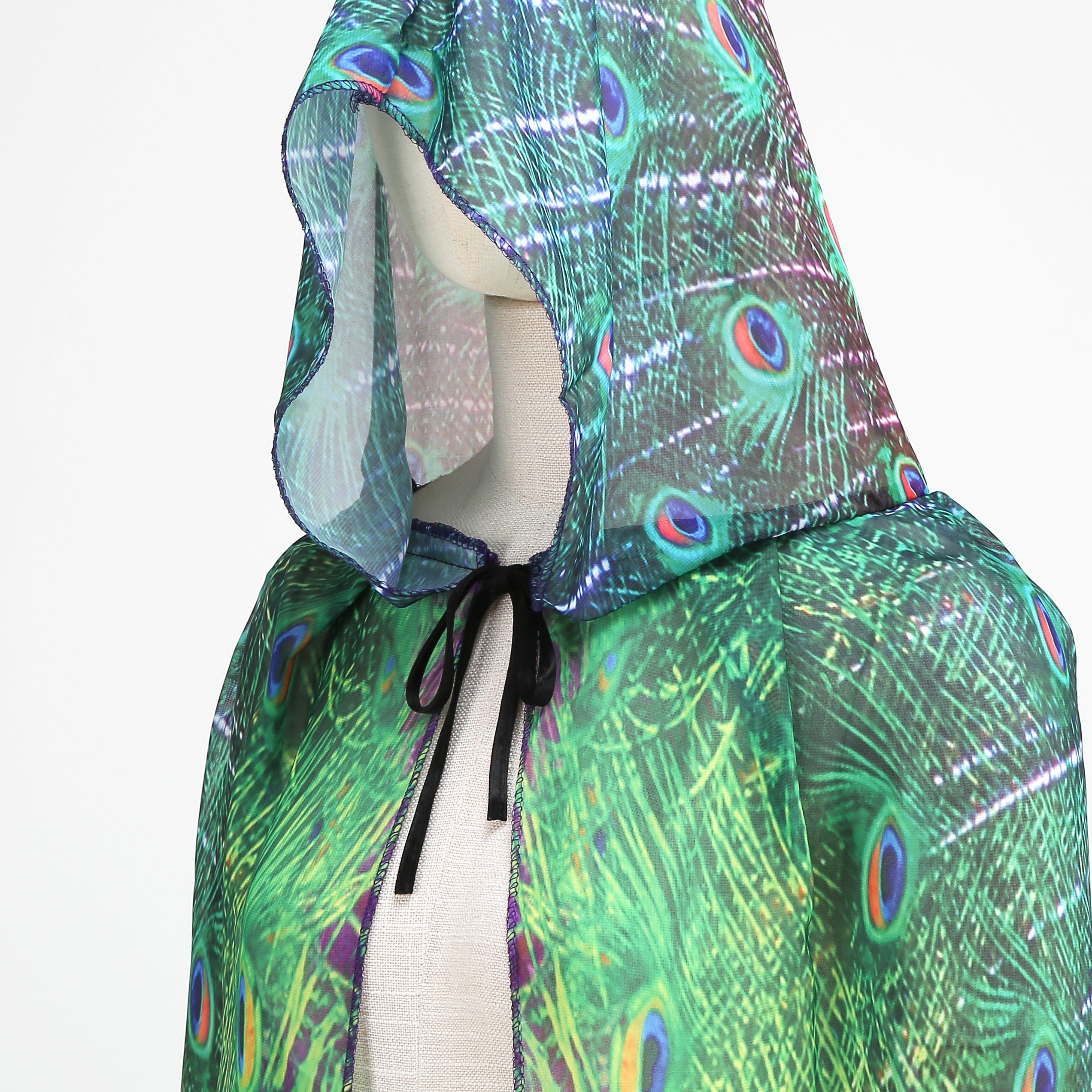 Adult Peacock Hooded Chiffon Cape Custom Print Cloak 130CM 150CM Women Halloween Cosplay Costume