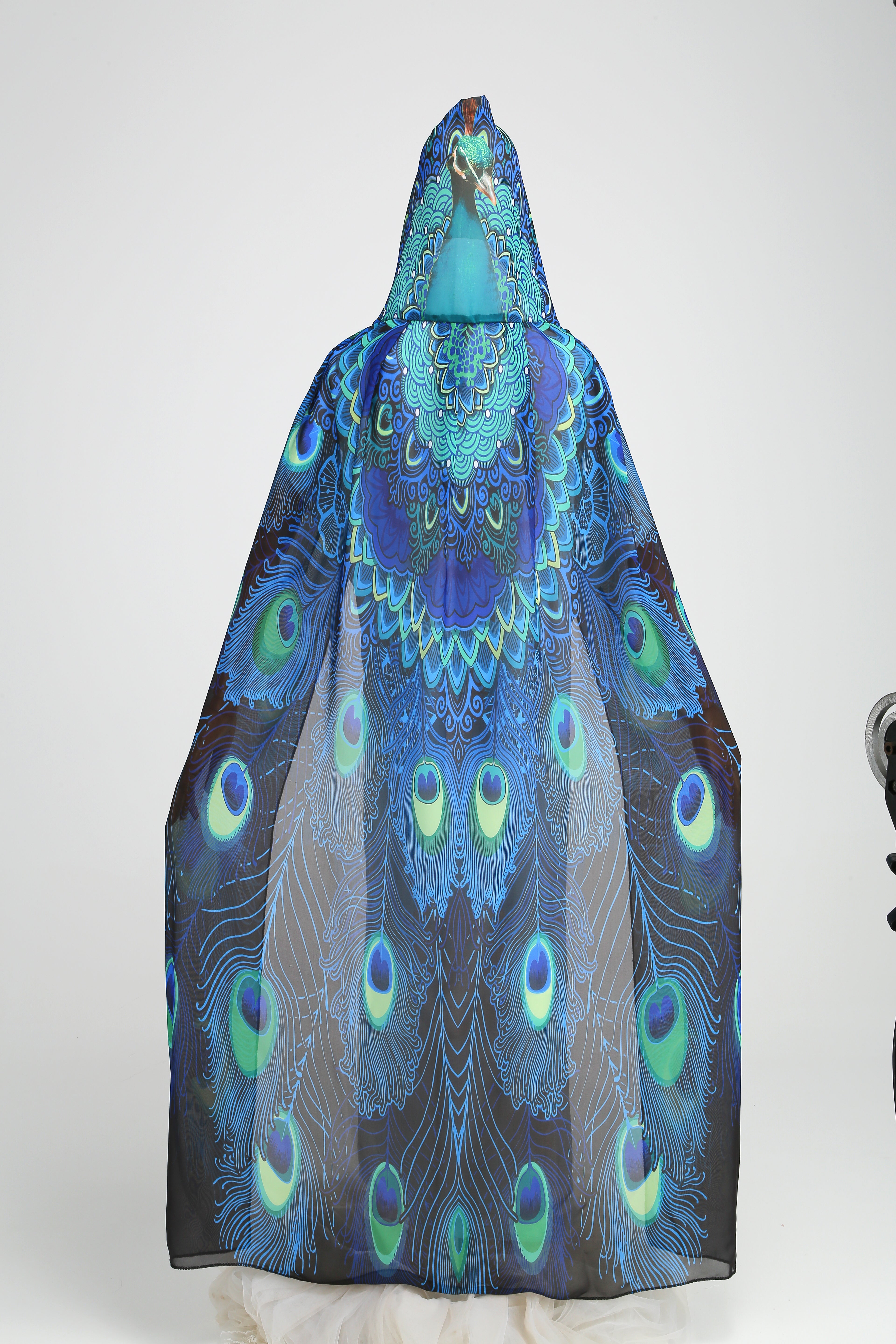 Adult Peacock Hooded Chiffon Cape Custom Print Cloak 130CM 150CM Women Halloween Cosplay Costume