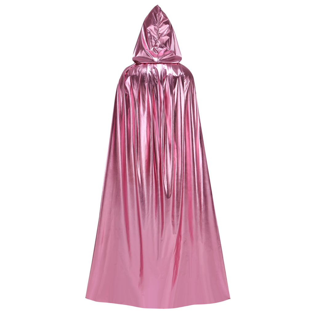 Custom Metallic Hooded Cape With Neck Tie‑Strap Pink 115CM 125CM 145CM 155CM Shiny Cosplay Cloak For Halloween Fantasy Theme Party