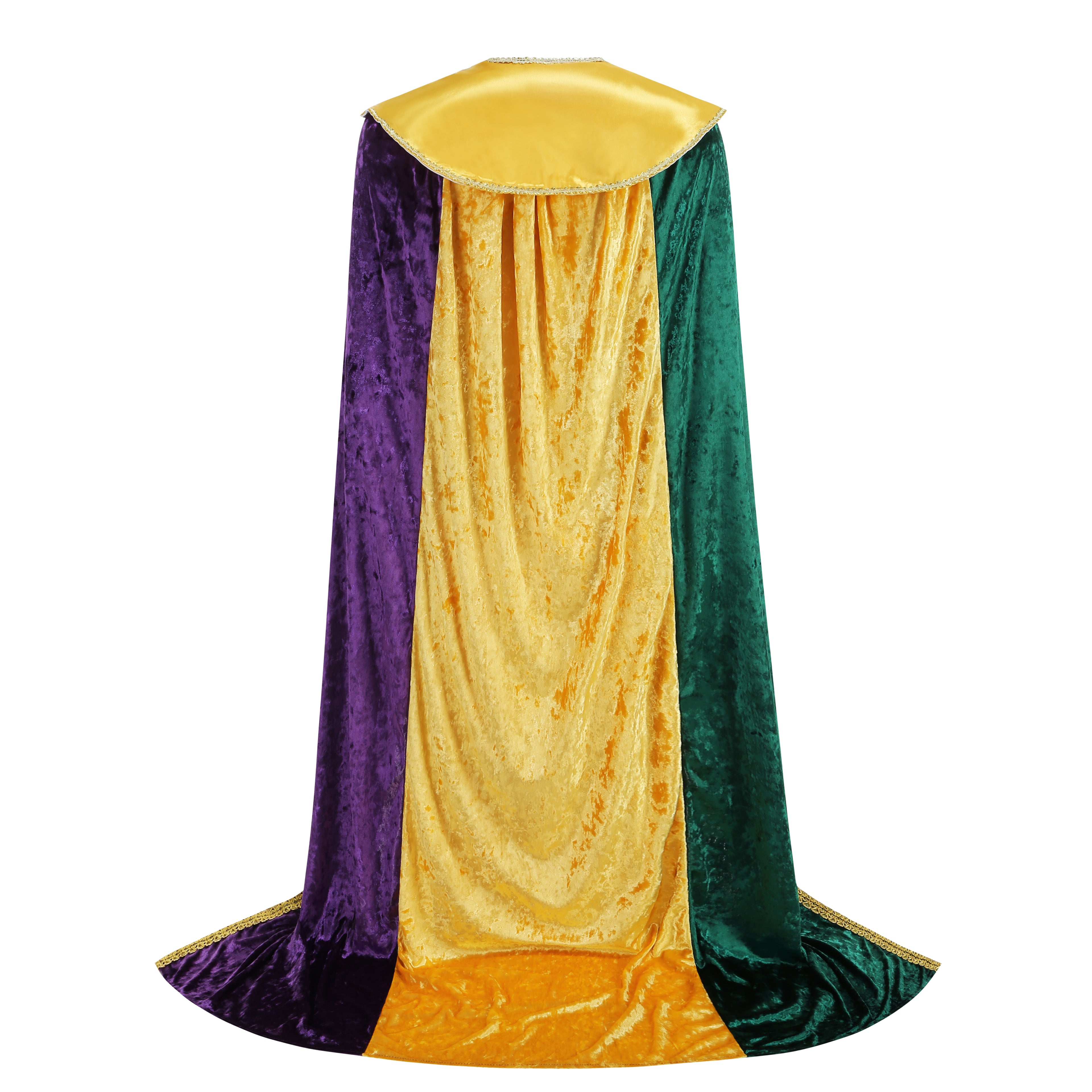 Adult Mardi Gras King Lace Trim Cape, Tricolor Green‑Purple‑Gold Velvet Cloak 150‑170CM, Carnival Royal Cosplay Party Costume