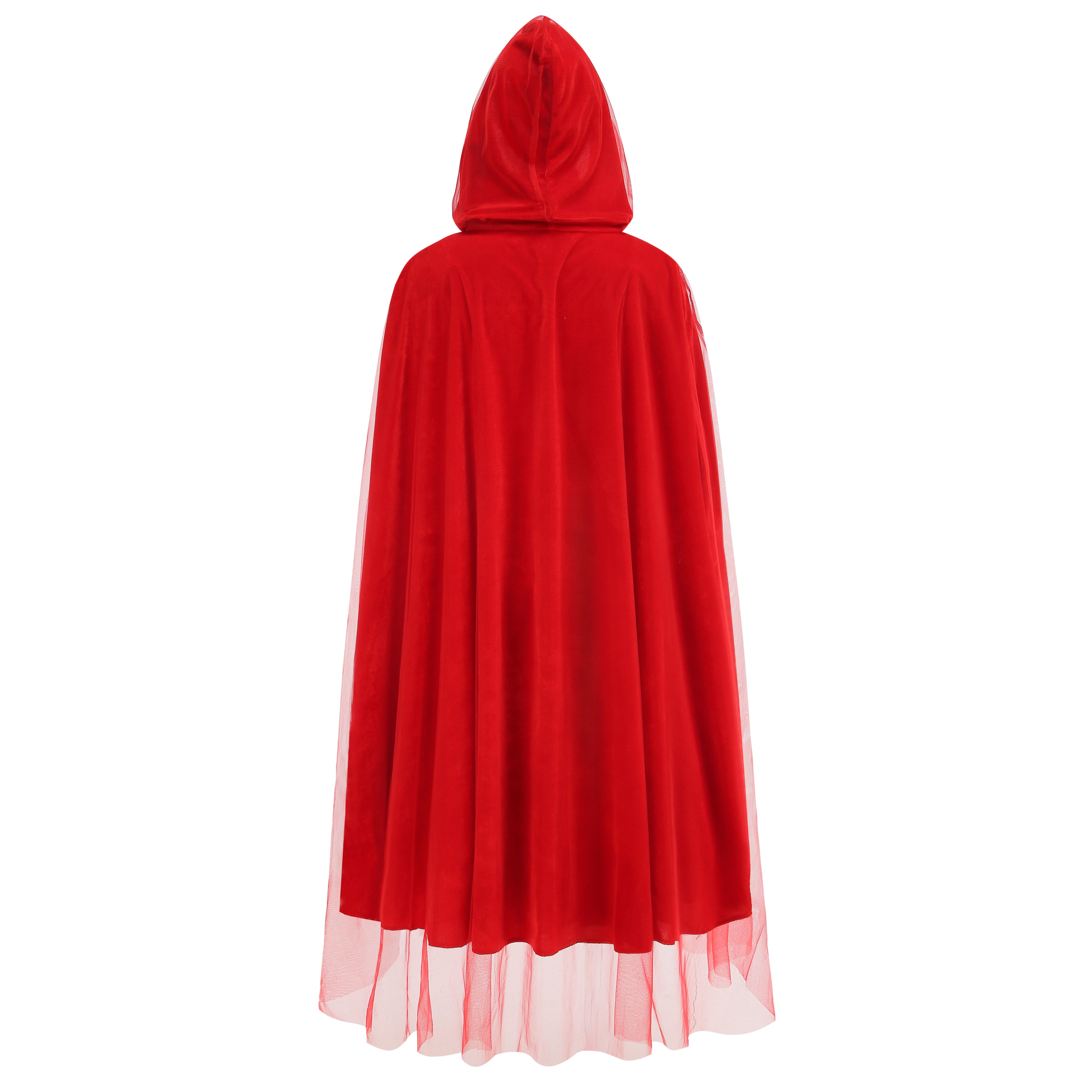 Adult Little Red Riding Hood Hooded Cape, Velvet Tulle Overlay Red Cloak 120cm Shoulder‑to‑Hem for Fairy Tale Halloween Cosplay